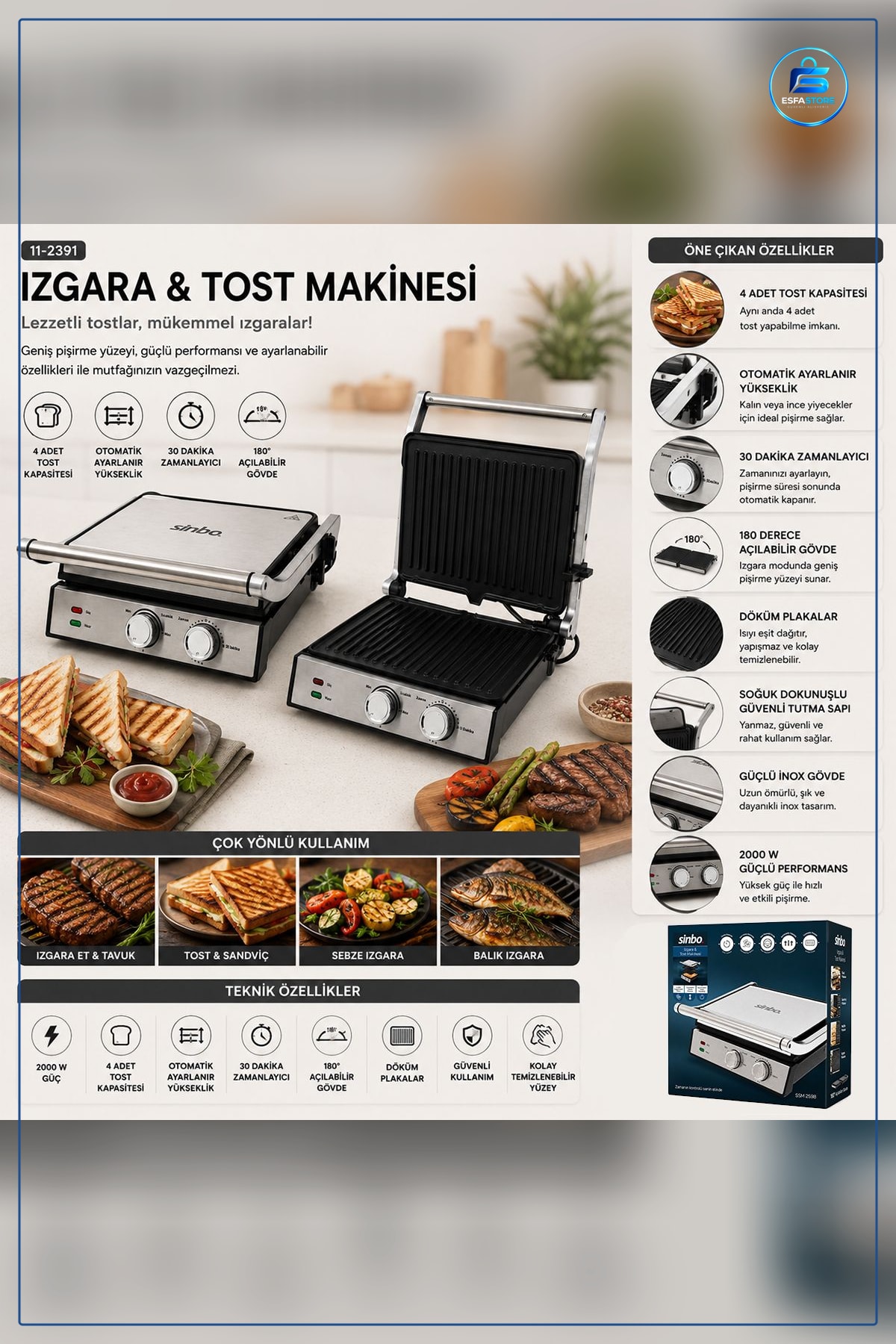 Tost Makinesi 4 Dilim 2000W Yapışmaz Kaplama Izgara Plakası Mutfak Panini Hazırlama