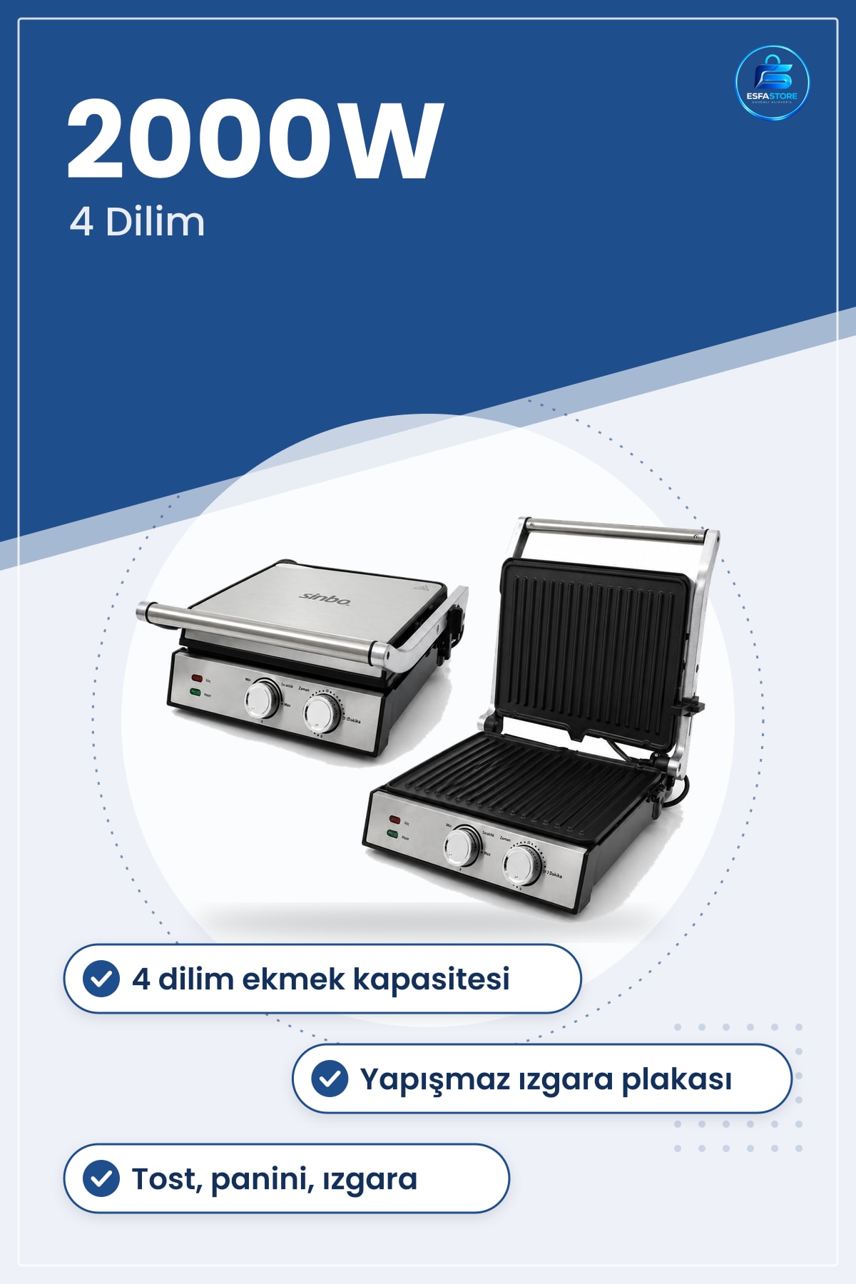 Tost Makinesi 4 Dilim 2000W Yapışmaz Kaplama Izgara Plakası Mutfak Panini Hazırlama