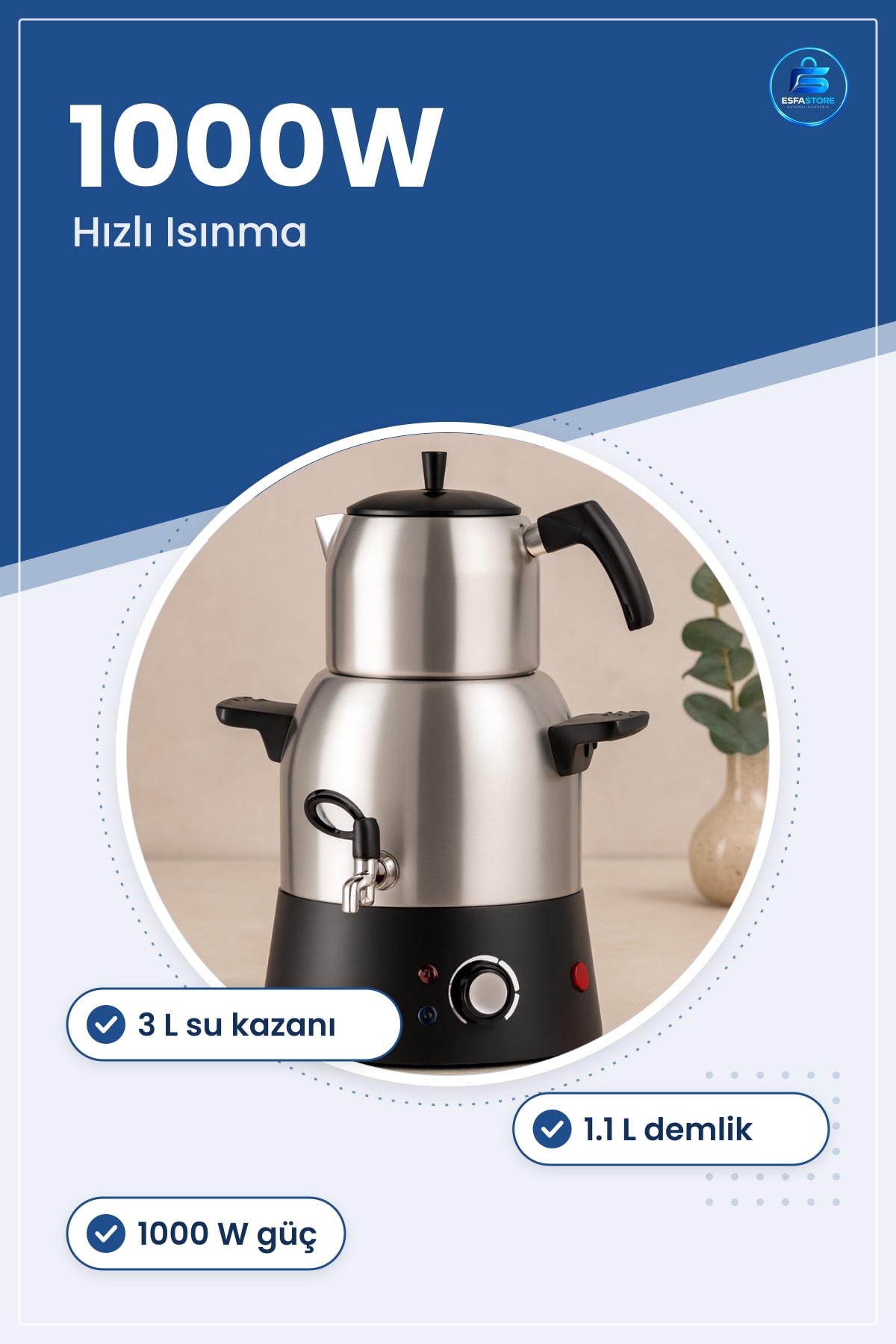 Çay Makinesi Elektrikli Semaver 3L Su Kazanı 1.1L Demlik 1000W Çelik Ev Ofis Misafir Ağırlama