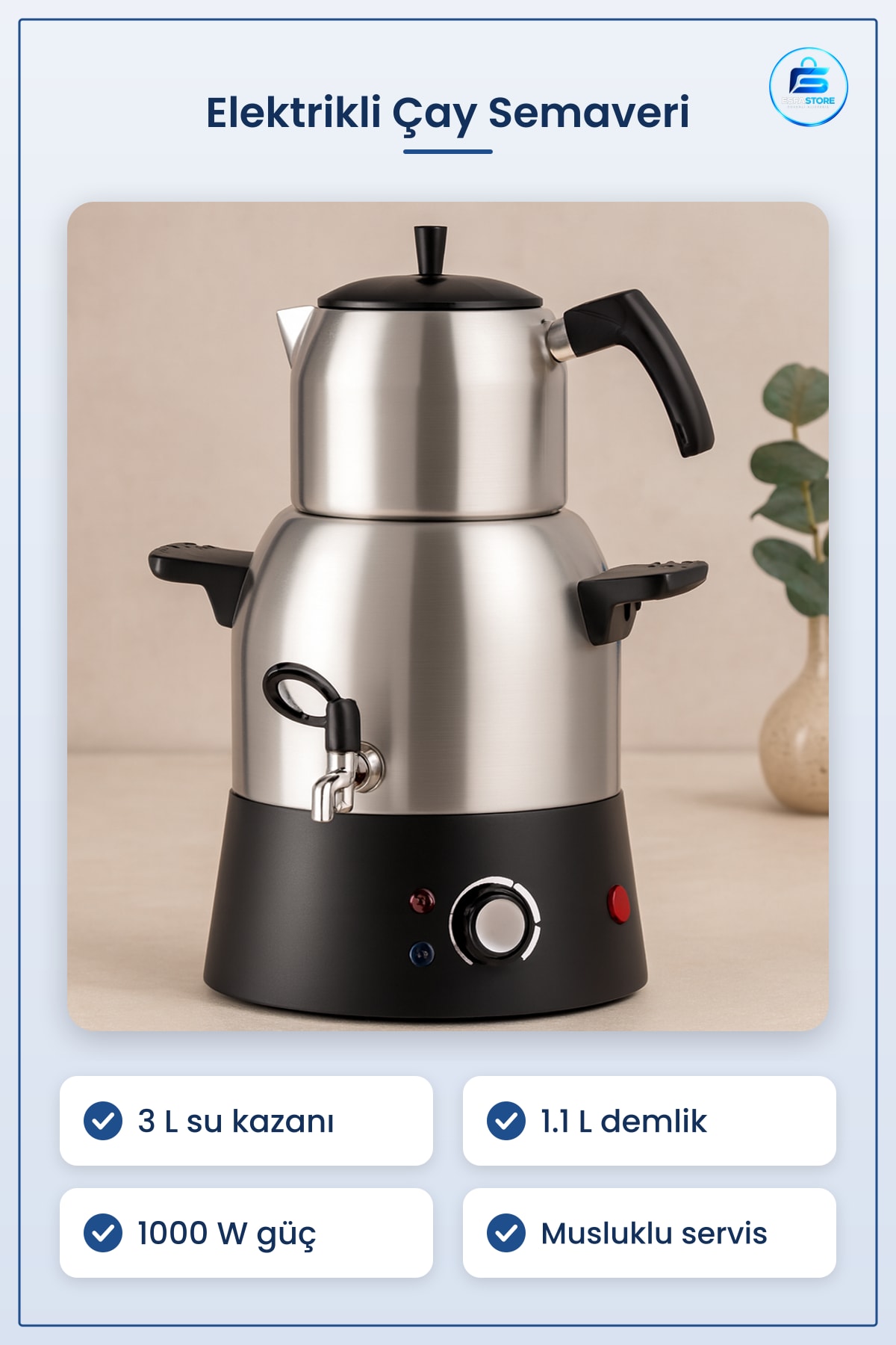 Çay Makinesi Elektrikli Semaver 3L Su Kazanı 1.1L Demlik 1000W Çelik Ev Ofis Misafir Ağırlama