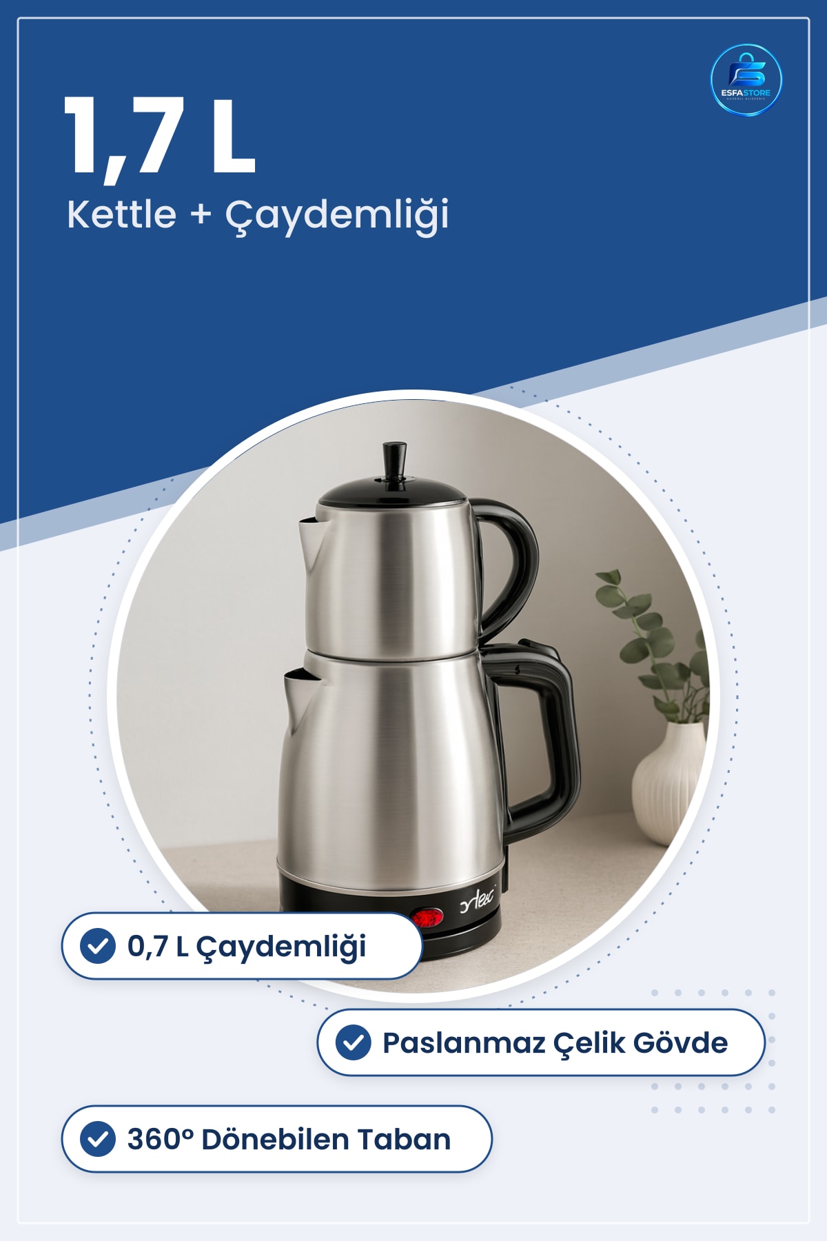 Çay Makinesi 2in1 Çaycı Kettle 1,7 L 0,7 Paslanmaz Çelik Elektrikli Ev Ofis Mutfak