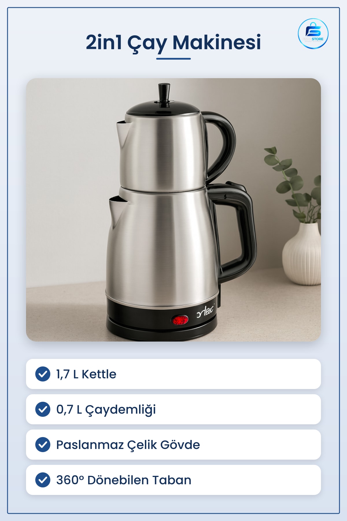 Çay Makinesi 2in1 Çaycı Kettle 1,7 L 0,7 Paslanmaz Çelik Elektrikli Ev Ofis Mutfak