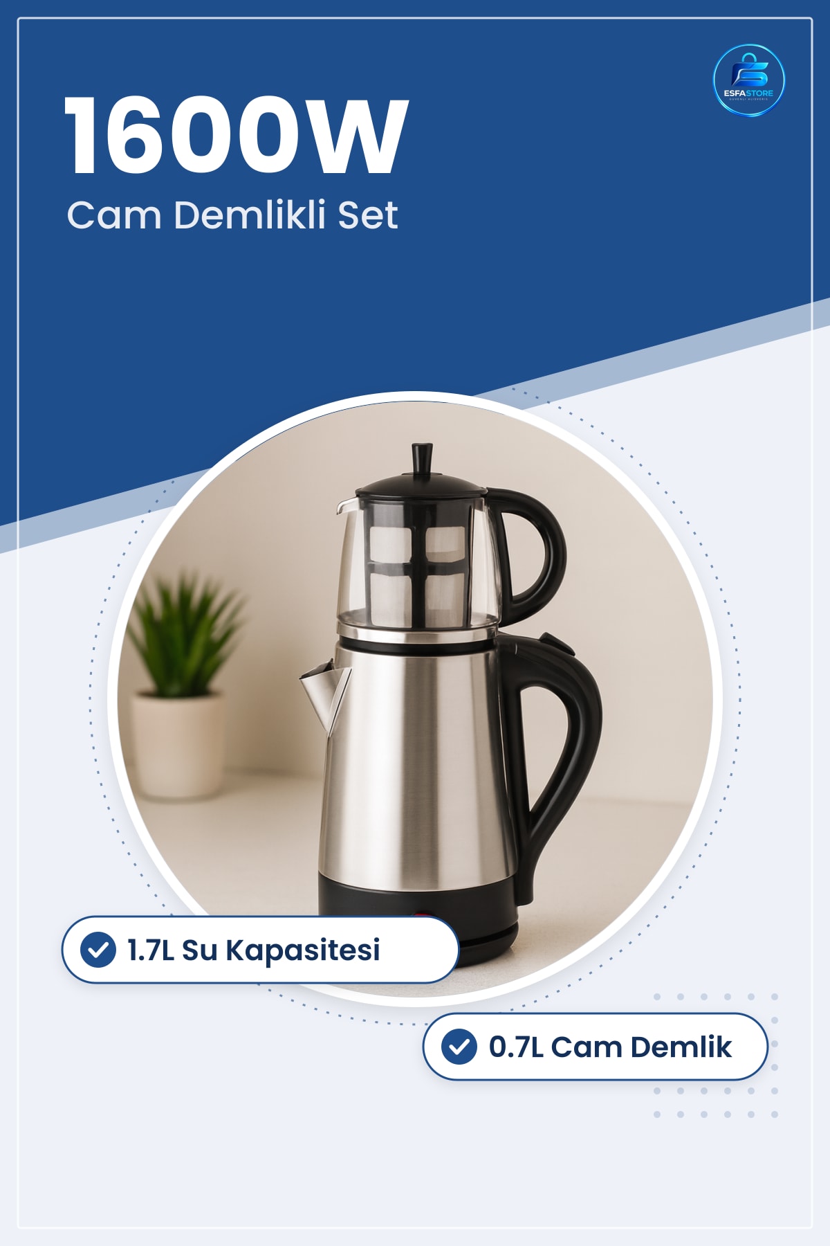 Çay Makinesi Elektrikli Cam Demlikli Set 1.7L 0.7L 1600W Paslanmaz Çelik Mutfak Ofis
