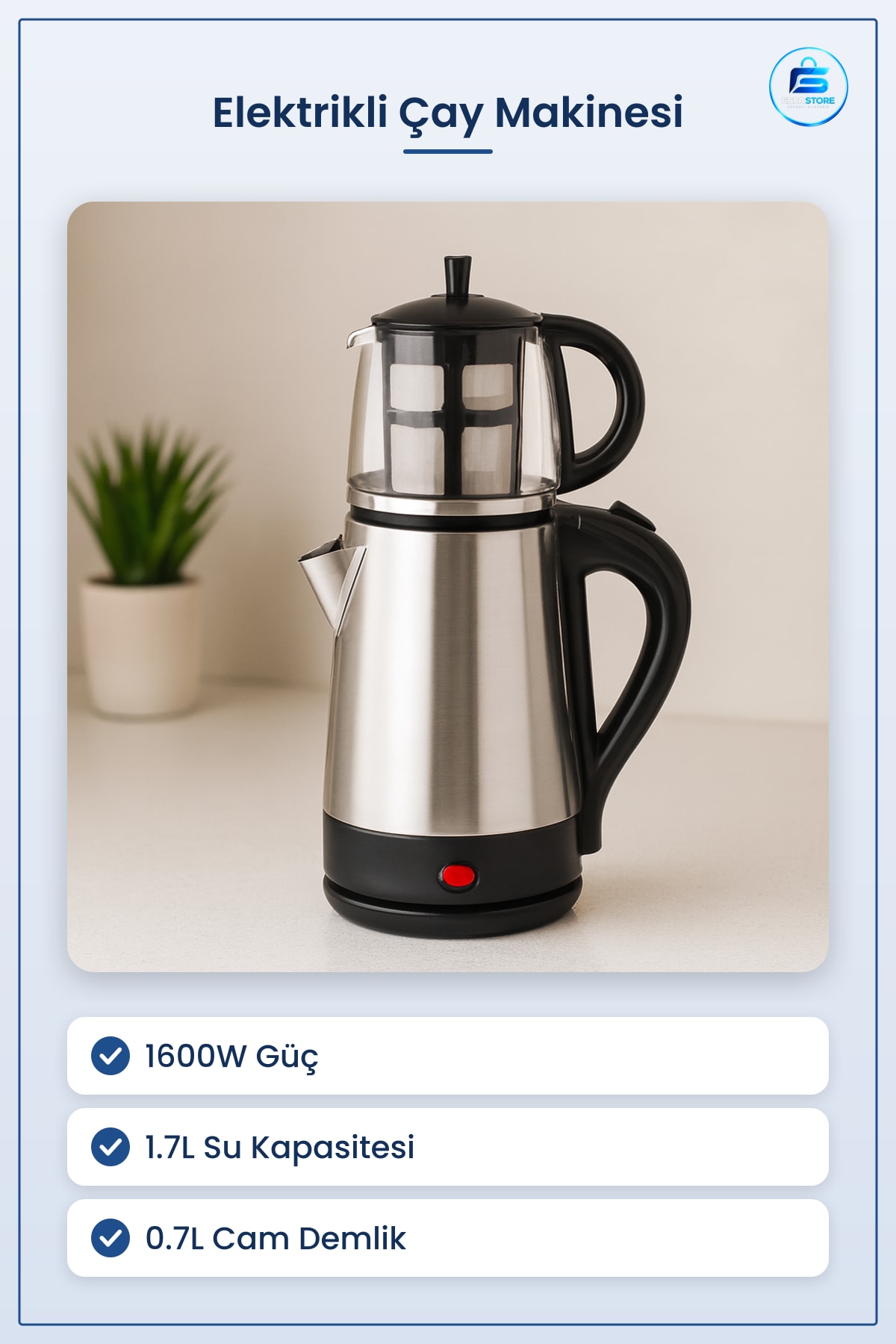 Çay Makinesi Elektrikli Cam Demlikli Set 1.7L 0.7L 1600W Paslanmaz Çelik Mutfak Ofis