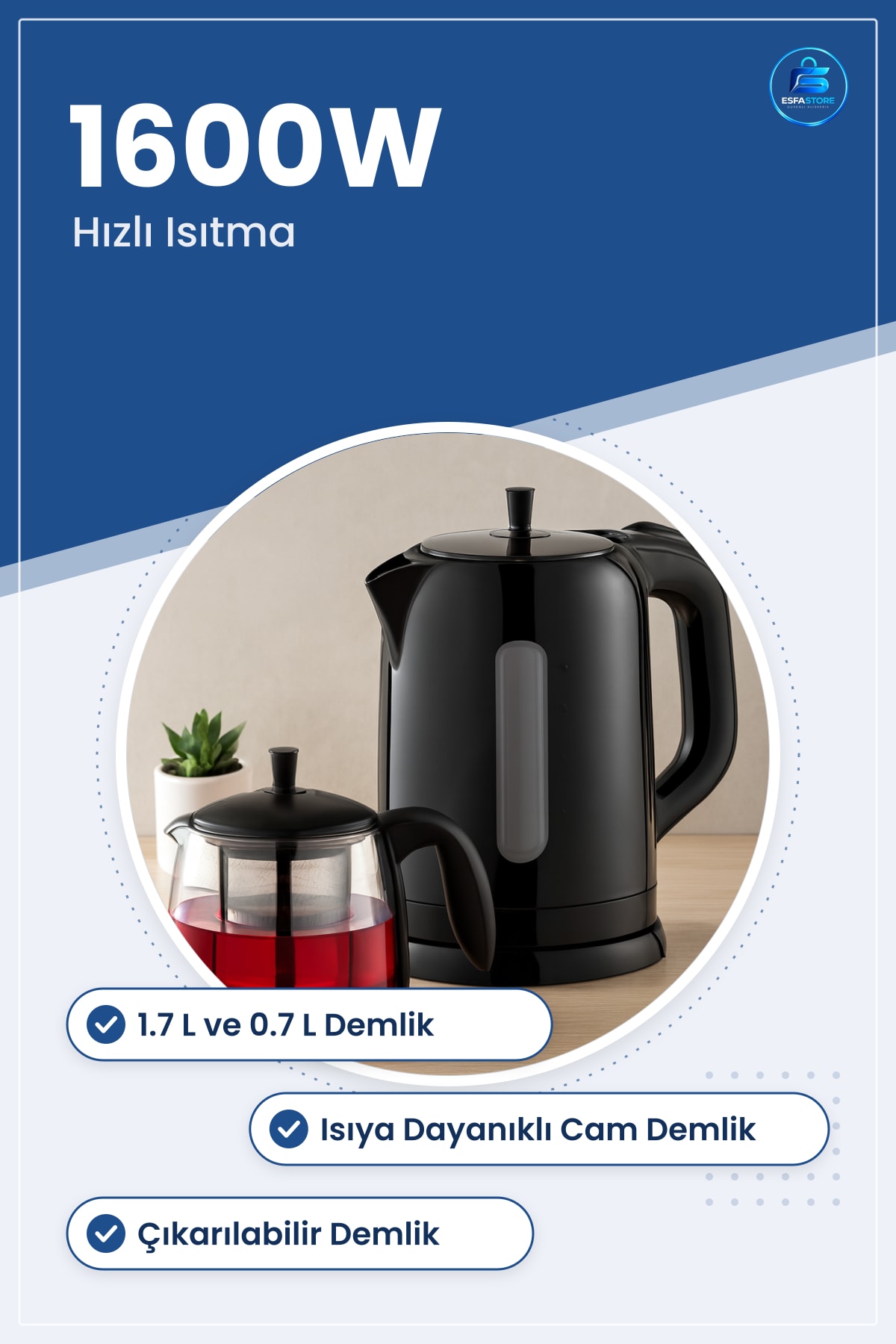 Elektrikli Çay Makinesi 1600W Cam Demlik Seti 1.7L ve 0.7L Mutfak Ofis Misafir Servisi