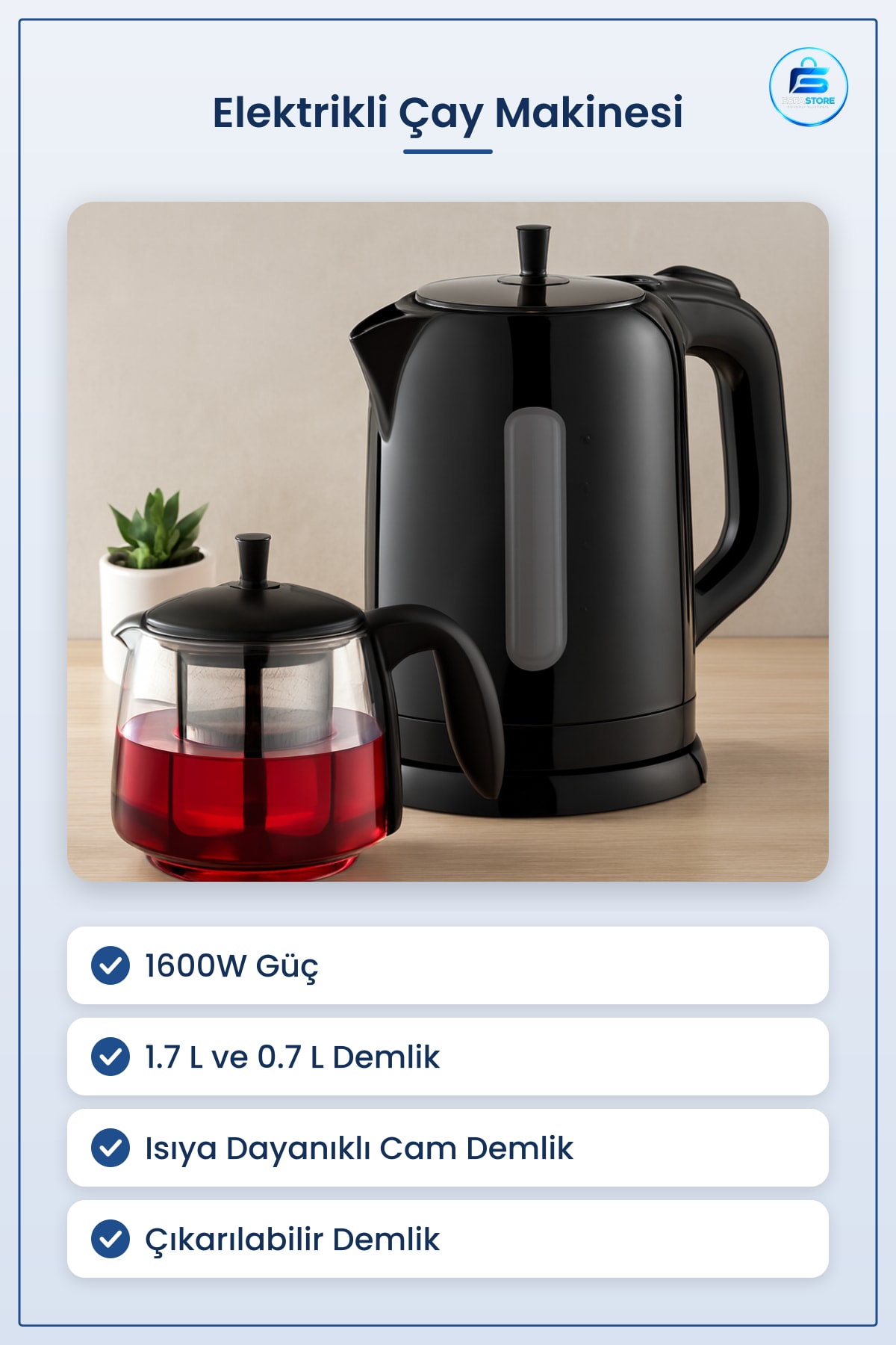 Elektrikli Çay Makinesi 1600W Cam Demlik Seti 1.7L ve 0.7L Mutfak Ofis Misafir Servisi