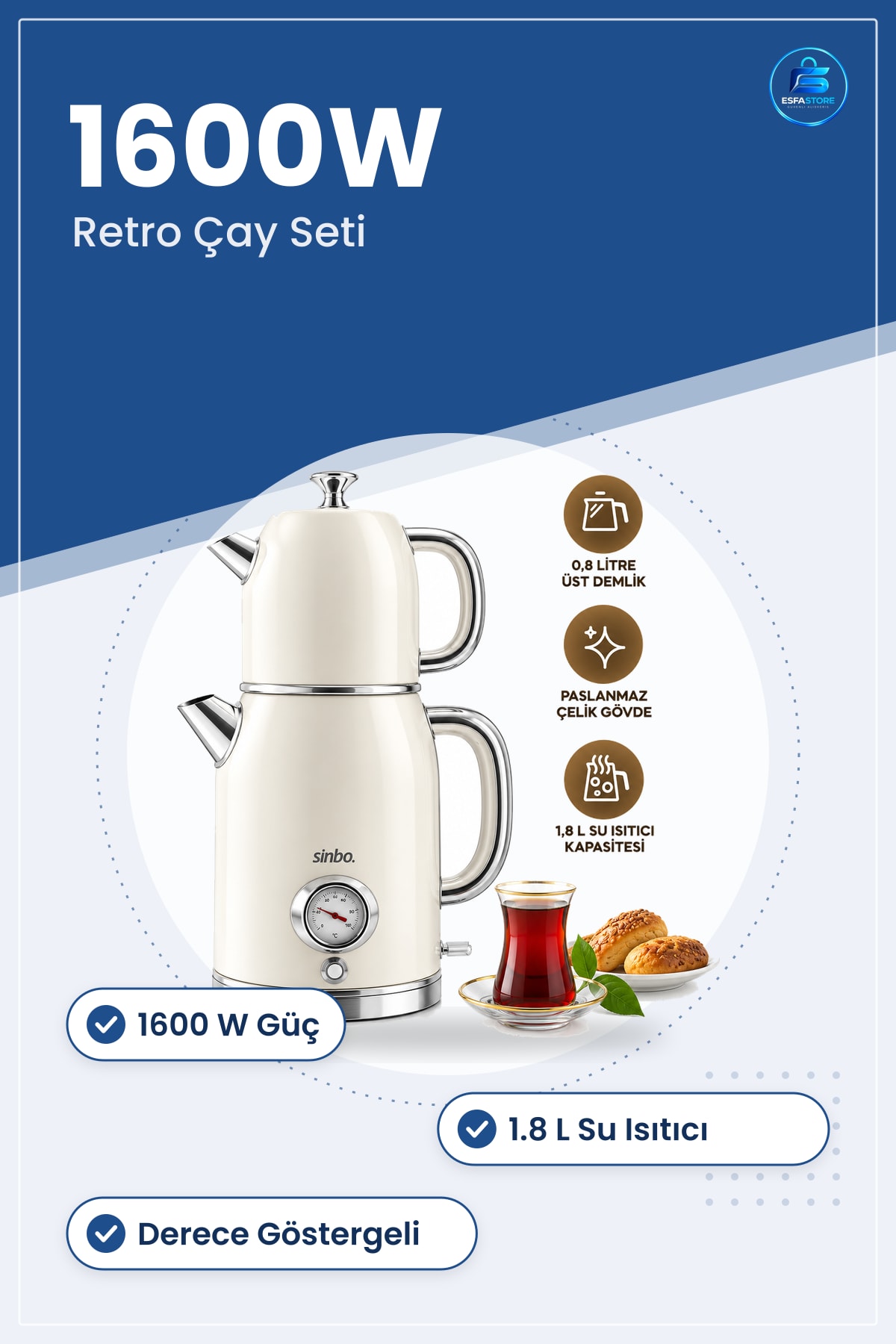Çay Makinesi Elektrikli Retro Set 1600W 1.8L Derece Göstergeli Cam Demlik Mutfak Ev Aleti