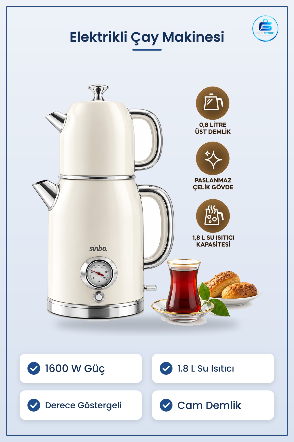 Çay Makinesi Elektrikli Retro Set 1600W 1.8L Derece Göstergeli Cam Demlik Mutfak Ev Aleti