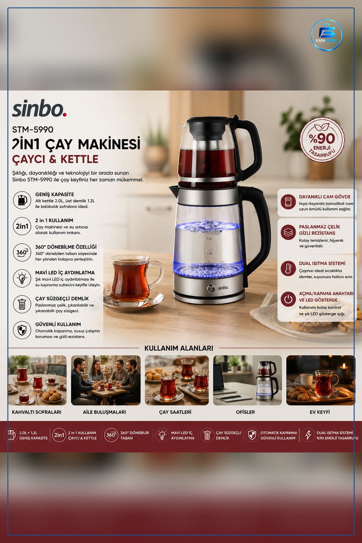 Çay Makinesi 2'si 1 Arada Elektrikli Kettle 2L+1.2L Paslanmaz Çelik Demlikli Su Isıtıcı Mutfak