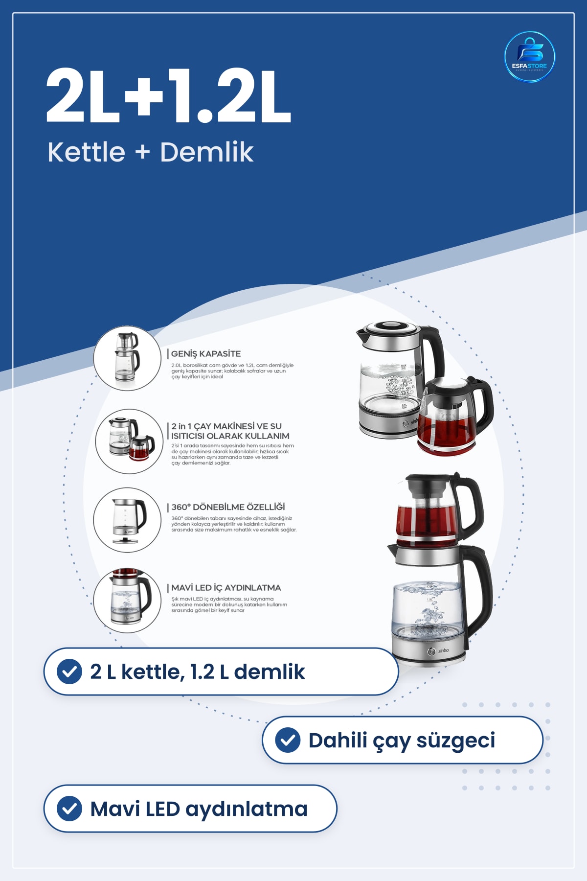 Çay Makinesi 2'si 1 Arada Elektrikli Kettle 2L+1.2L Paslanmaz Çelik Demlikli Su Isıtıcı Mutfak