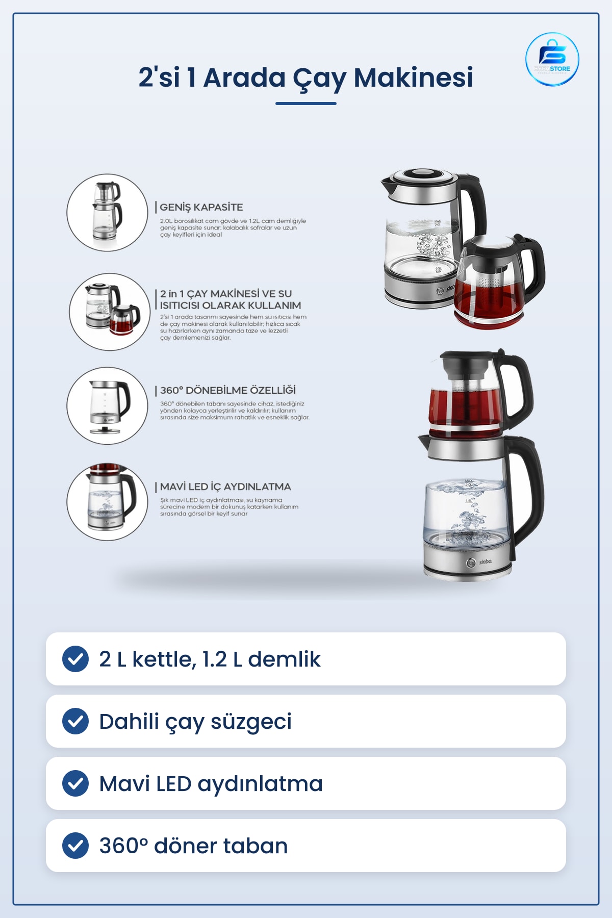 Çay Makinesi 2'si 1 Arada Elektrikli Kettle 2L+1.2L Paslanmaz Çelik Demlikli Su Isıtıcı Mutfak
