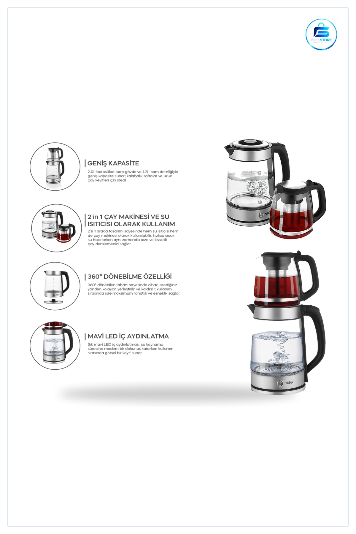 Çay Makinesi 2'si 1 Arada Elektrikli Kettle 2L+1.2L Paslanmaz Çelik Demlikli Su Isıtıcı Mutfak