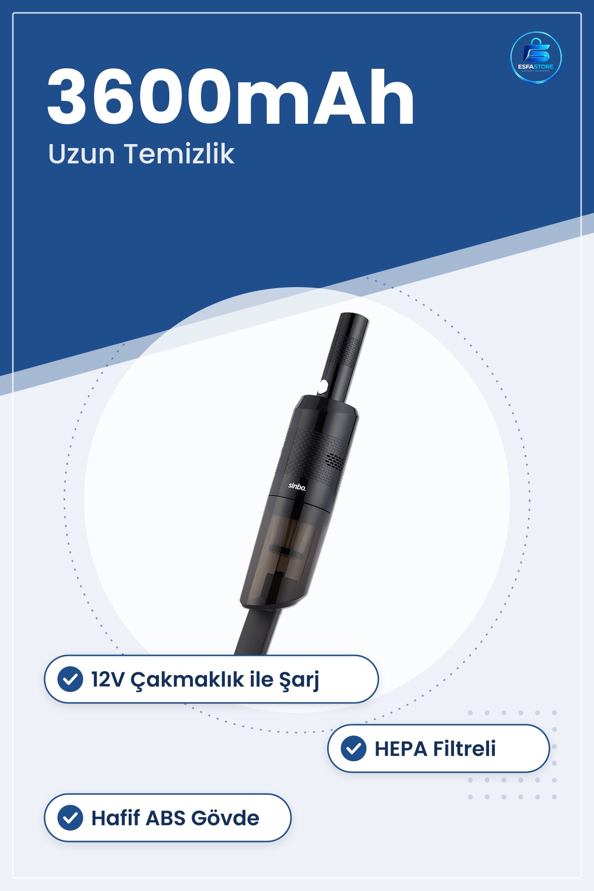 Torbasız Süpürge El Tipi Şarjlı HEPA Filtreli 3600mAh 12V Taşınabilir Hafif Mini Oto Temizlik