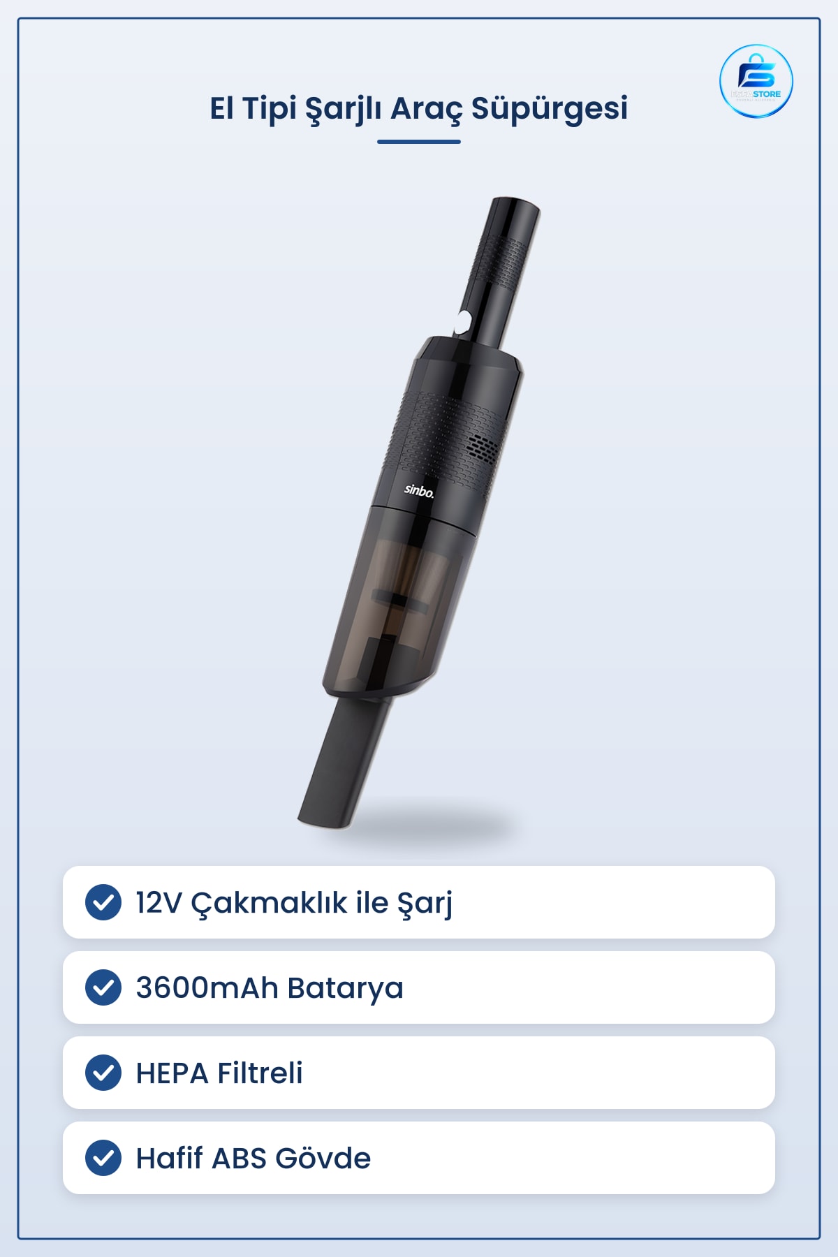 Torbasız Süpürge El Tipi Şarjlı HEPA Filtreli 3600mAh 12V Taşınabilir Hafif Mini Oto Temizlik