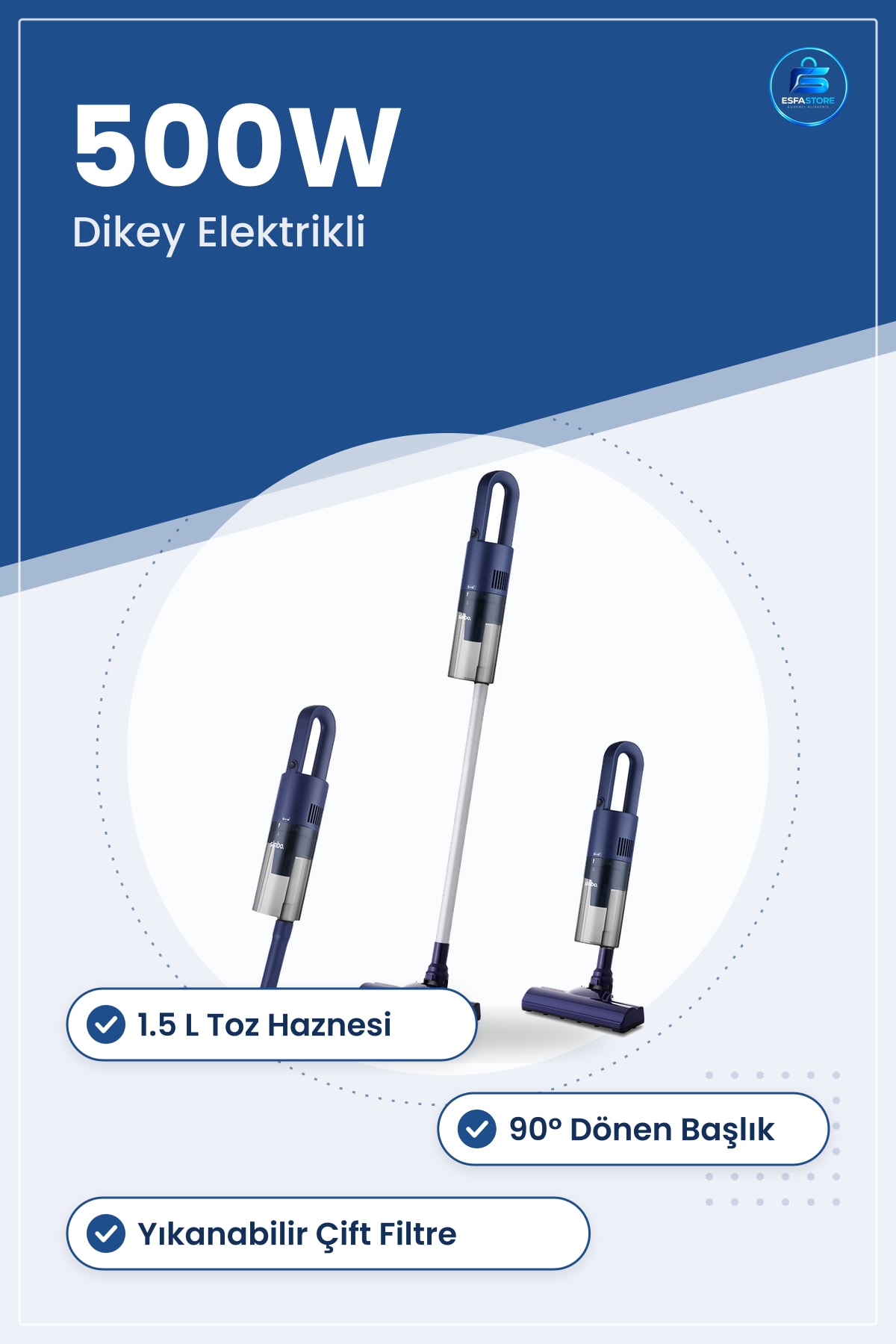 Dik Süpürge Dikey Elektrikli 500W 1.5L Toz Hazneli ° Başlık Çift Filtreli Mavi Ev Temizliği