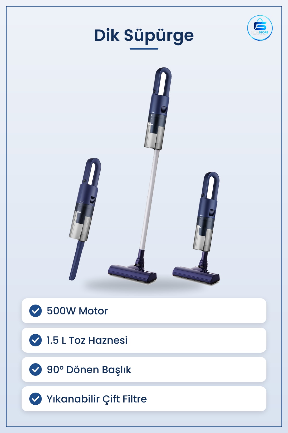 Dik Süpürge Dikey Elektrikli 500W 1.5L Toz Hazneli ° Başlık Çift Filtreli Mavi Ev Temizliği