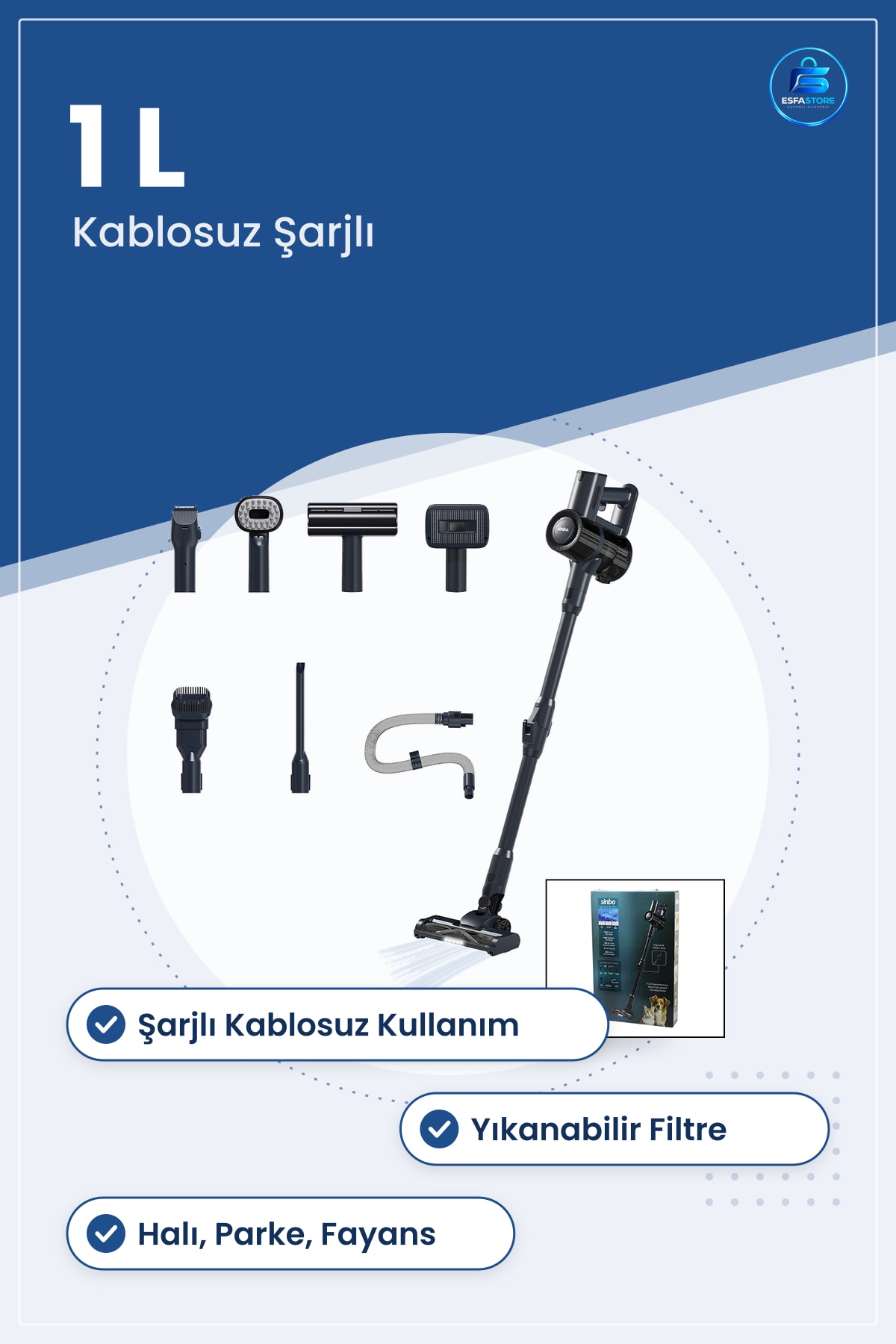 Dik Süpürge Kablosuz Şarjlı 1L Hazneli Yıkanabilir Filtreli Halı Parke Fayans Temizlik Süpürgesi