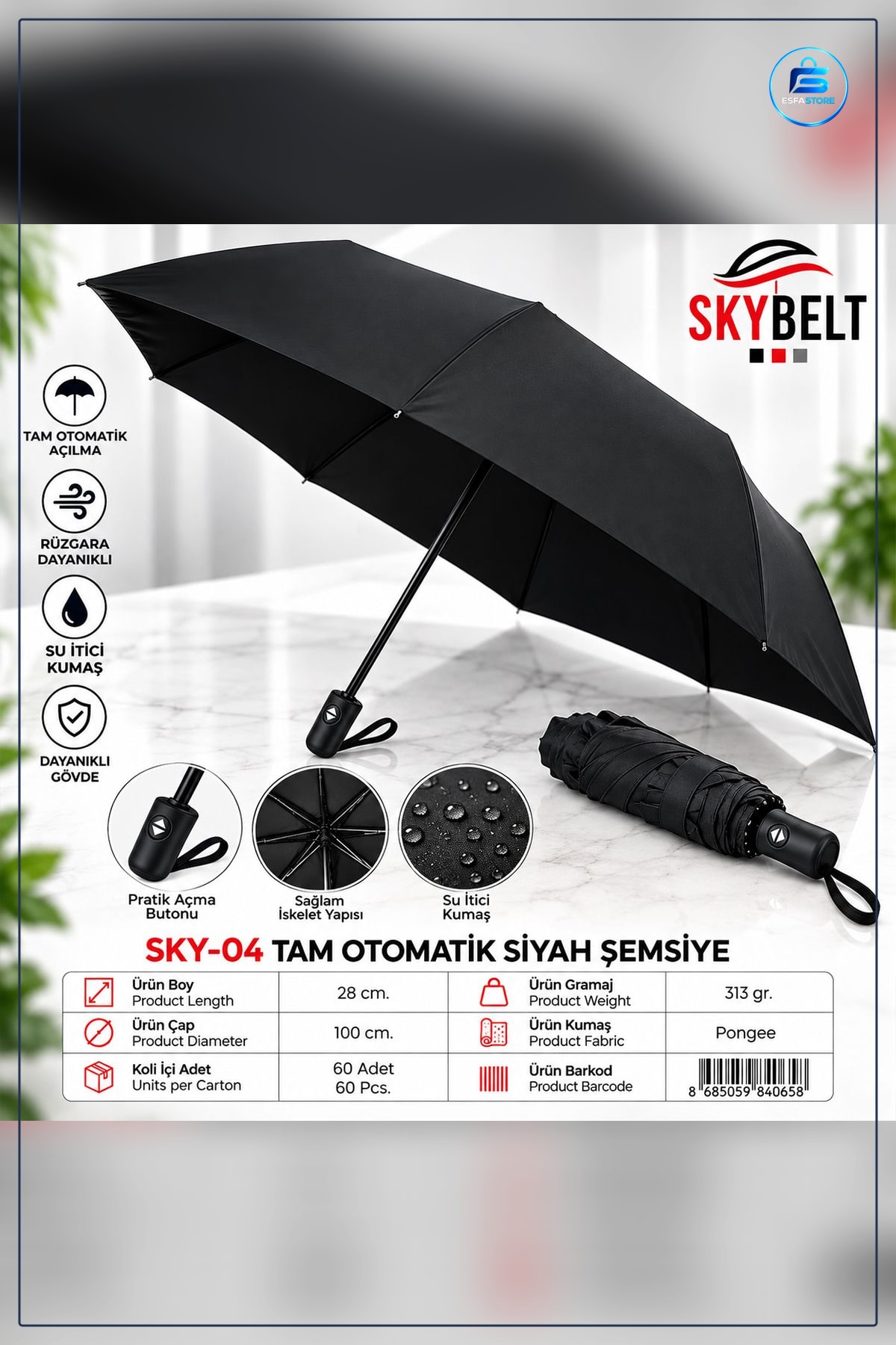 Tam Otomatik Siyah Şemsiye Erkek 100 cm Çap Rüzgara Dayanıklı Su İtici Kumaş Fiberglas