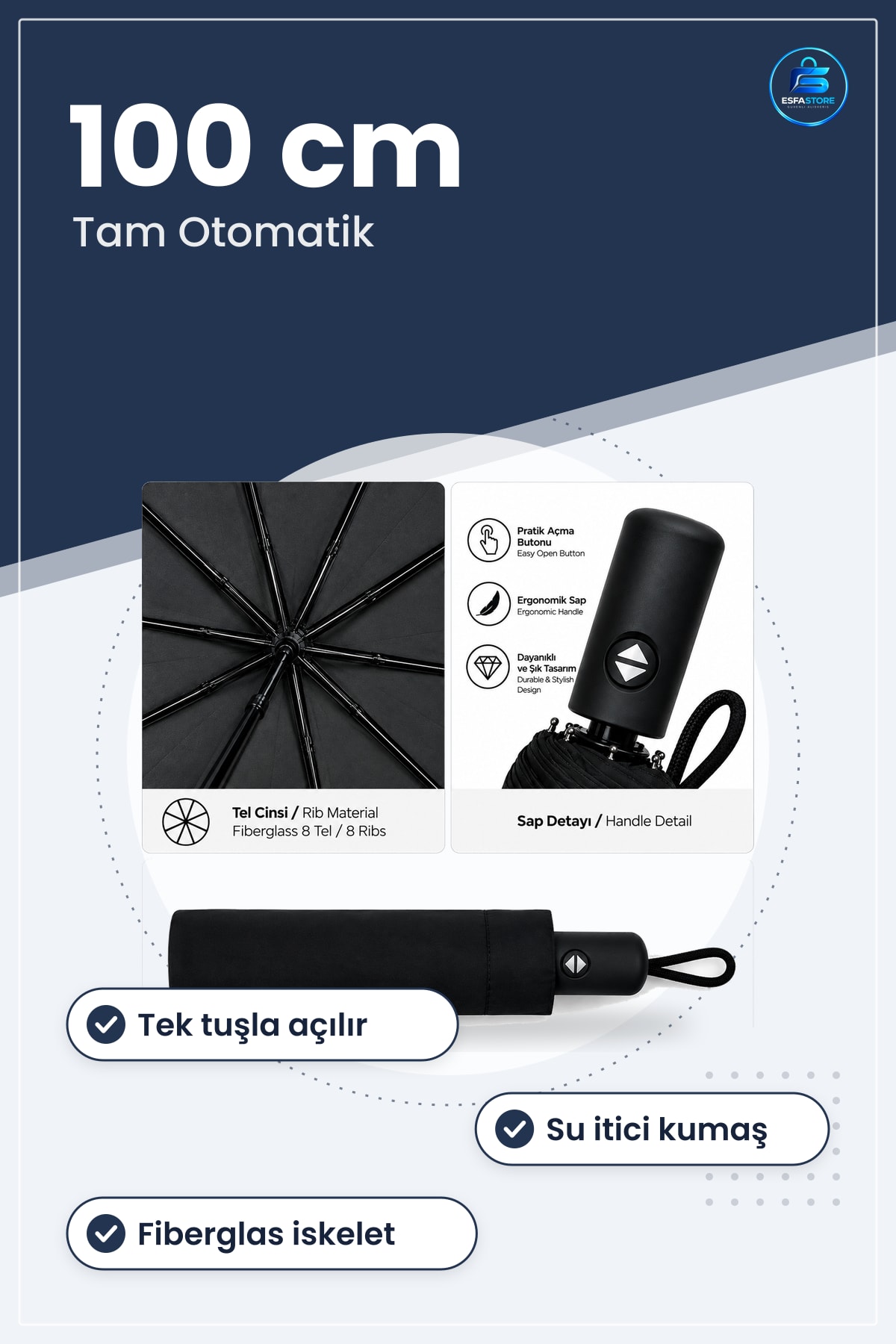 Tam Otomatik Siyah Şemsiye Erkek 100 cm Çap Rüzgara Dayanıklı Su İtici Kumaş Fiberglas