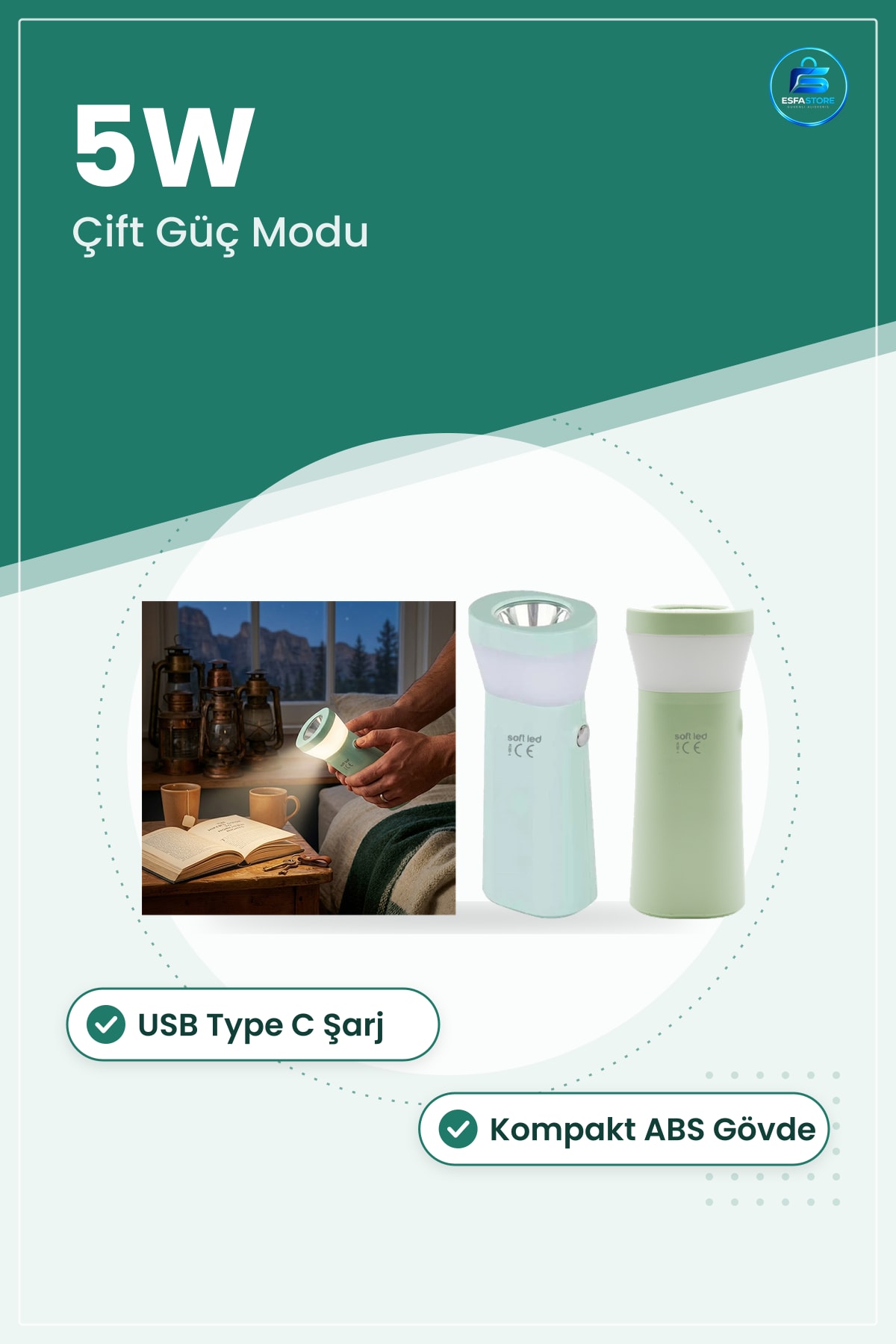 El Feneri USB Type C Şarjlı 2in1 LED 2.5W/5W Kamp Yürüyüş Acil Durum Kompakt Taşınabilir Aydınlatma