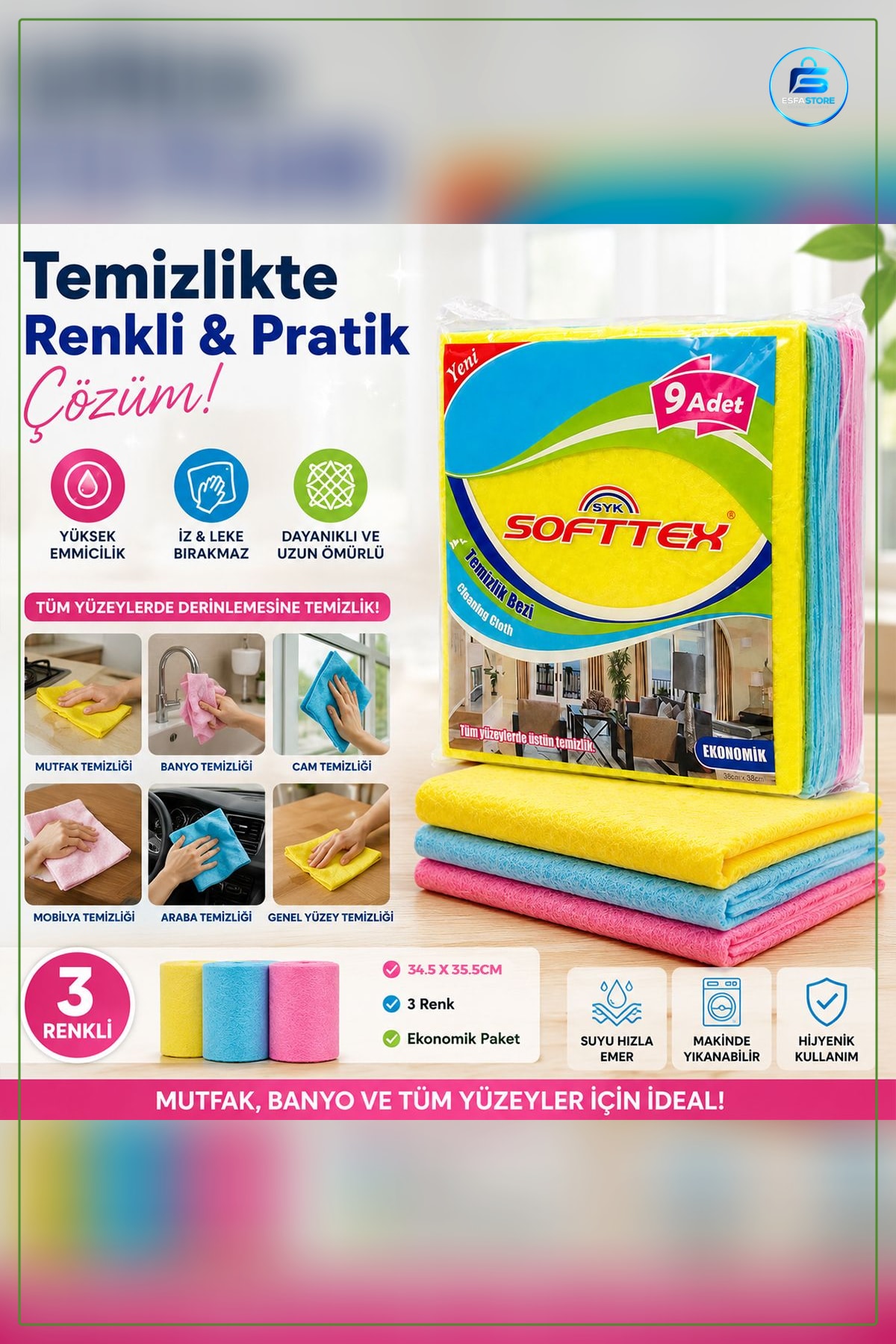 Mikrofiber Temizlik Bezi Renkli 9 Adet Yüksek Emişli Ev Mutfak Banyo Cam Mobilya Temizliği