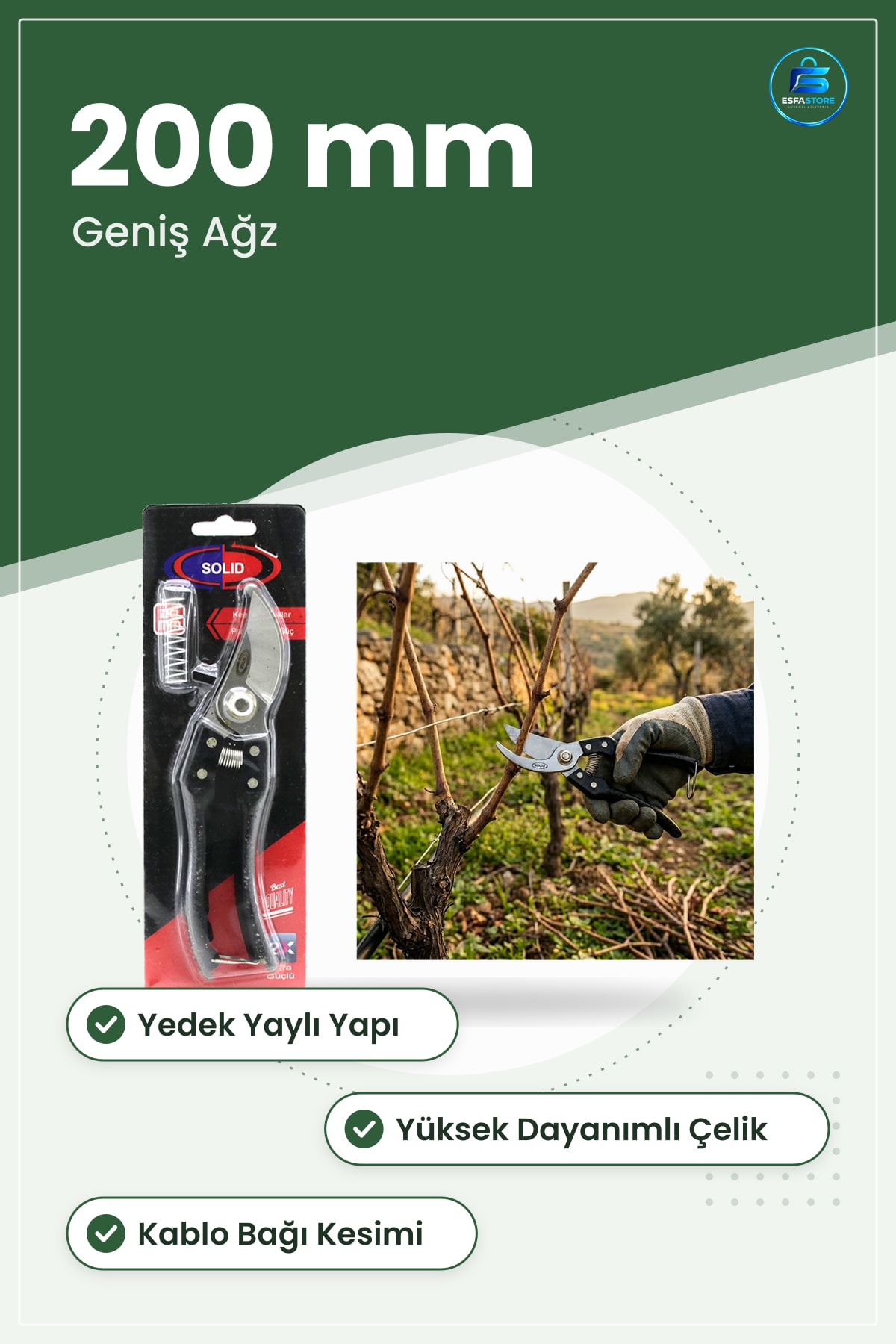 Çelik Bağ Makası Kırpma 200 mm Geniş Ağız Yedek Yaylı Bahçe Budama Ağaç Dalı Kesici El Aleti