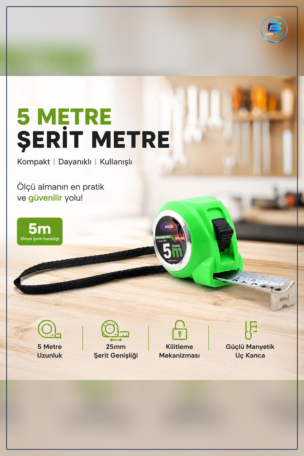 Şerit Metre 5 m 25 mm Kilitli Çelik Ölçüm Aleti Kompakt Ev Atölye Marangozluk İnşaat