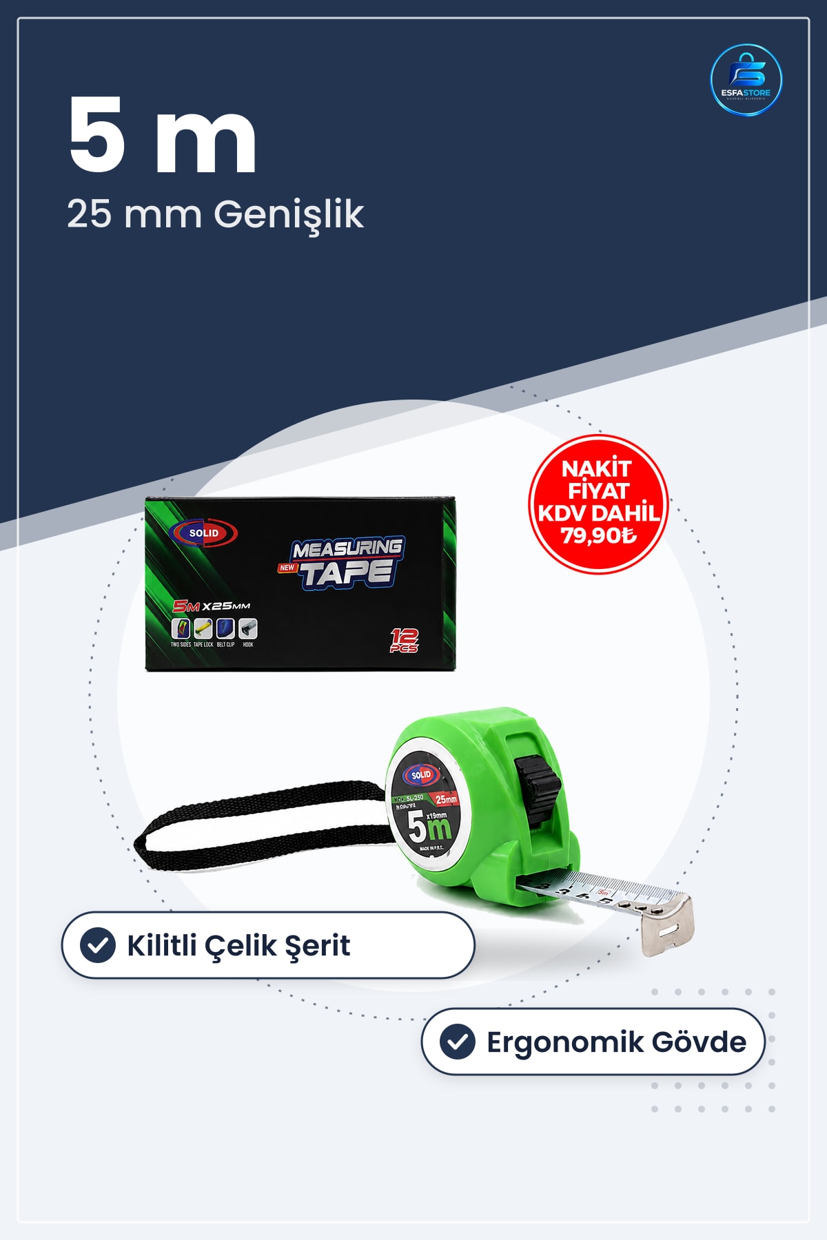 Şerit Metre 5 m 25 mm Kilitli Çelik Ölçüm Aleti Kompakt Ev Atölye Marangozluk İnşaat
