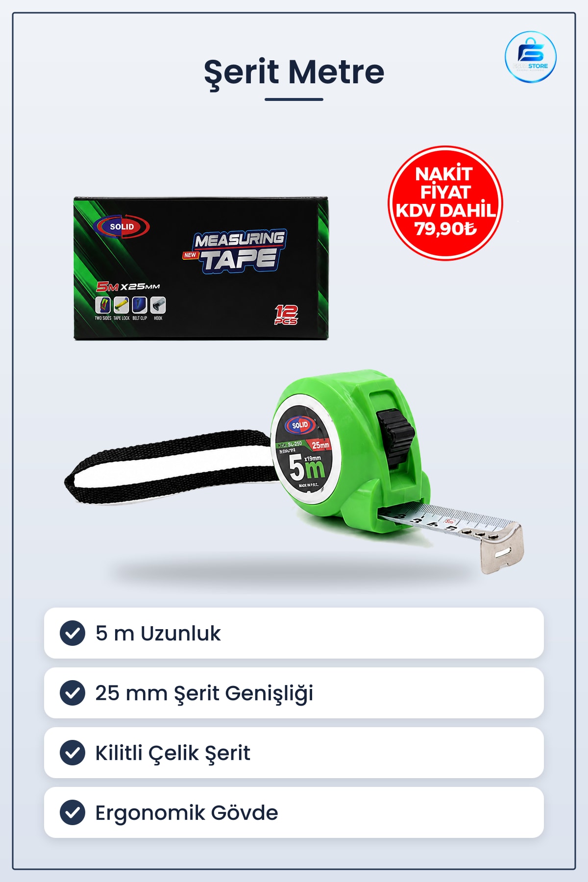Şerit Metre 5 m 25 mm Kilitli Çelik Ölçüm Aleti Kompakt Ev Atölye Marangozluk İnşaat