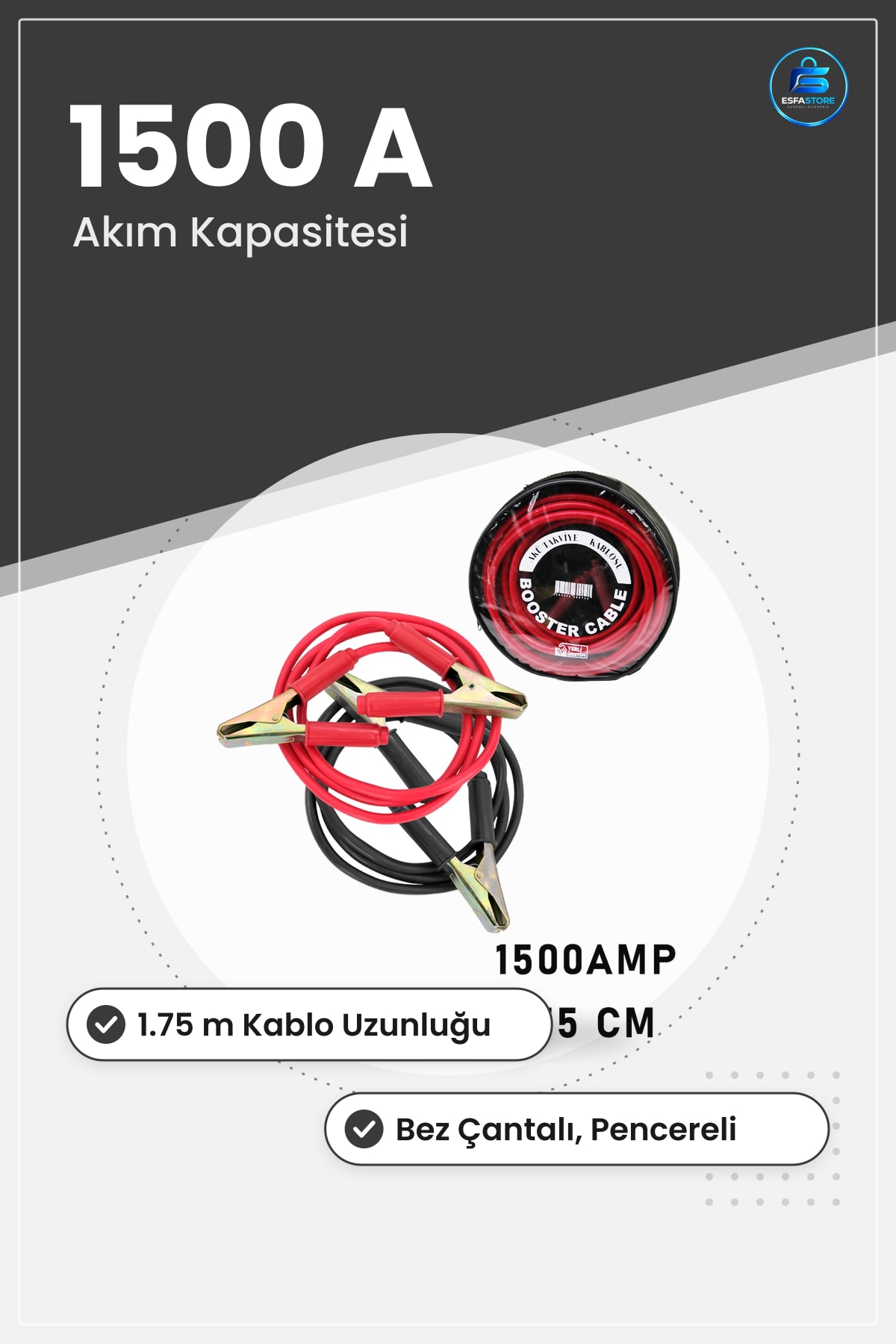 Oto Kamyon Otobüs Akü Takviye Kablosu Seti 1500 Amper 1.75 m Bez Çantalı Pencereli Acil Marş