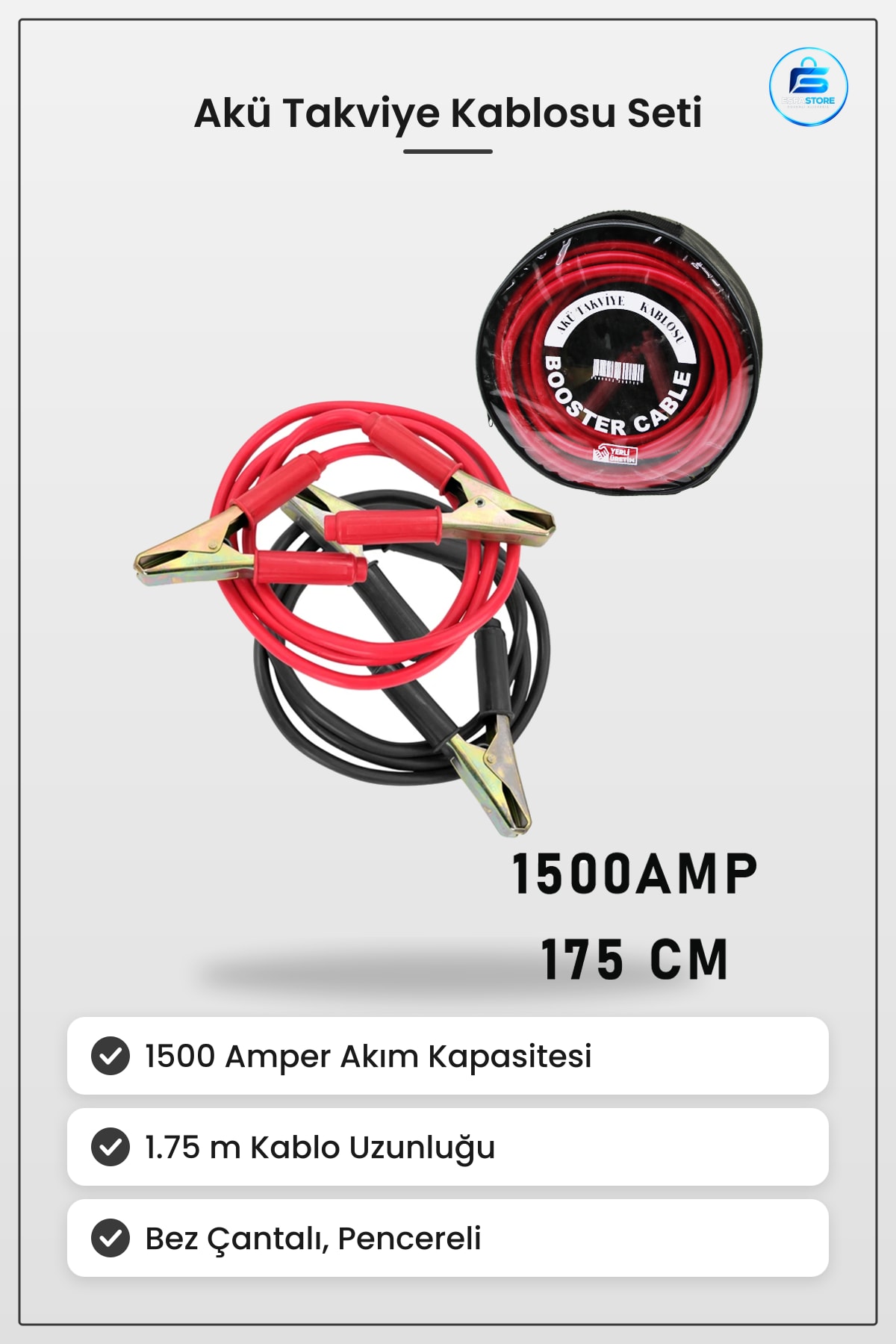 Oto Kamyon Otobüs Akü Takviye Kablosu Seti 1500 Amper 1.75 m Bez Çantalı Pencereli Acil Marş