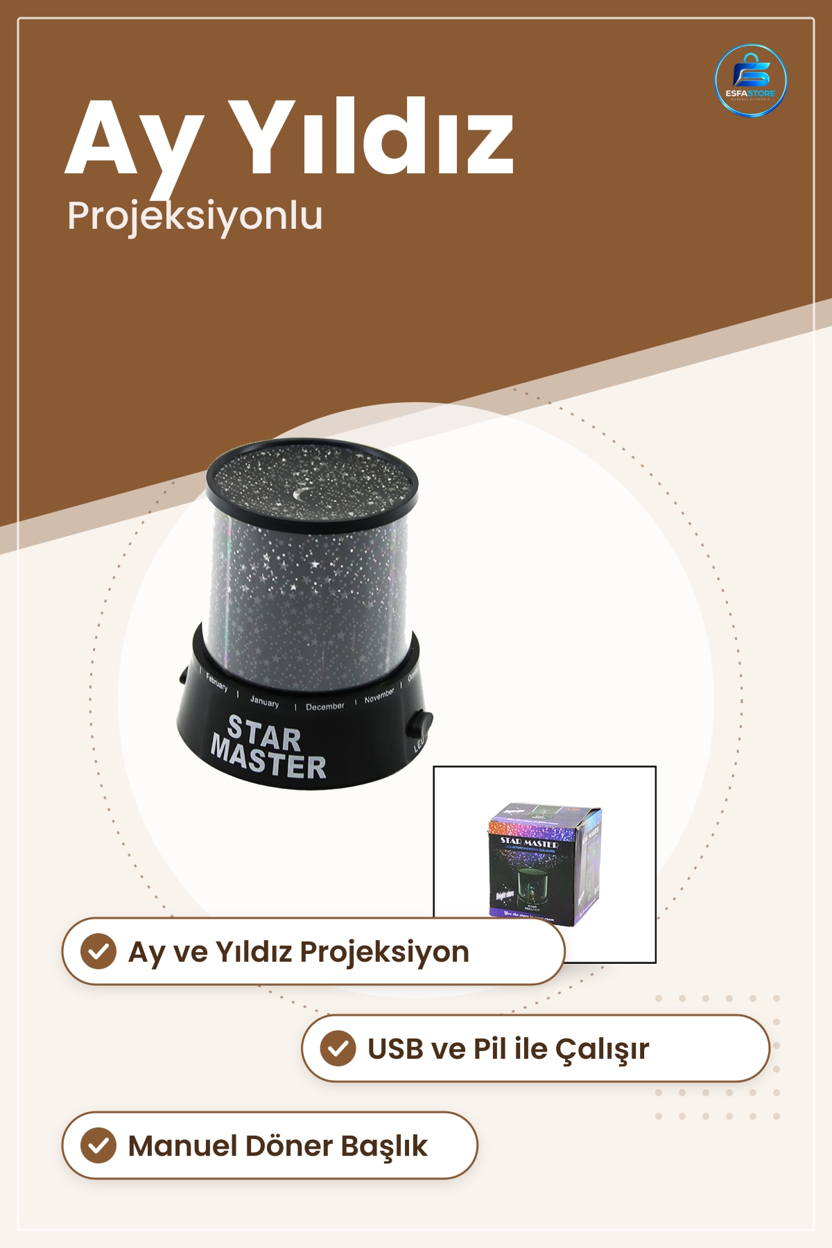 Gece Lambaı Ay Yıldız Projeksiyonlu USB ve Pil ile Çalışan Manuel Döner Yatak Odası LED