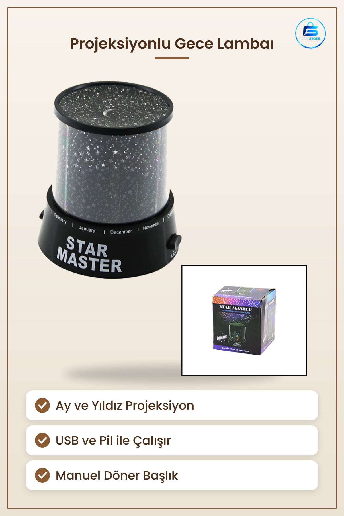 Gece Lambaı Ay Yıldız Projeksiyonlu USB ve Pil ile Çalışan Manuel Döner Yatak Odası LED