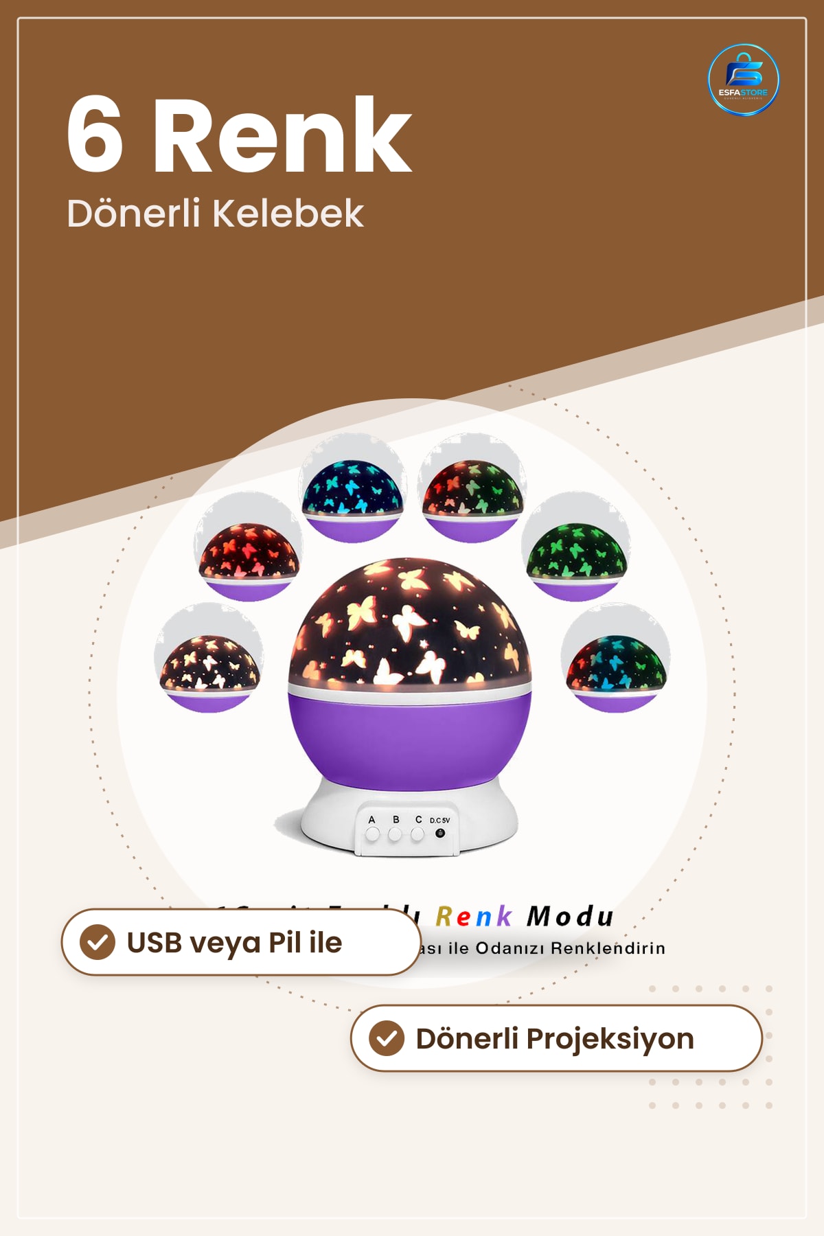 Dönerli Kelebek Projeksiyon Gece Lambası 6 Renk Modu USB ve Pil LED Işık DC 5V Çocuk Odası