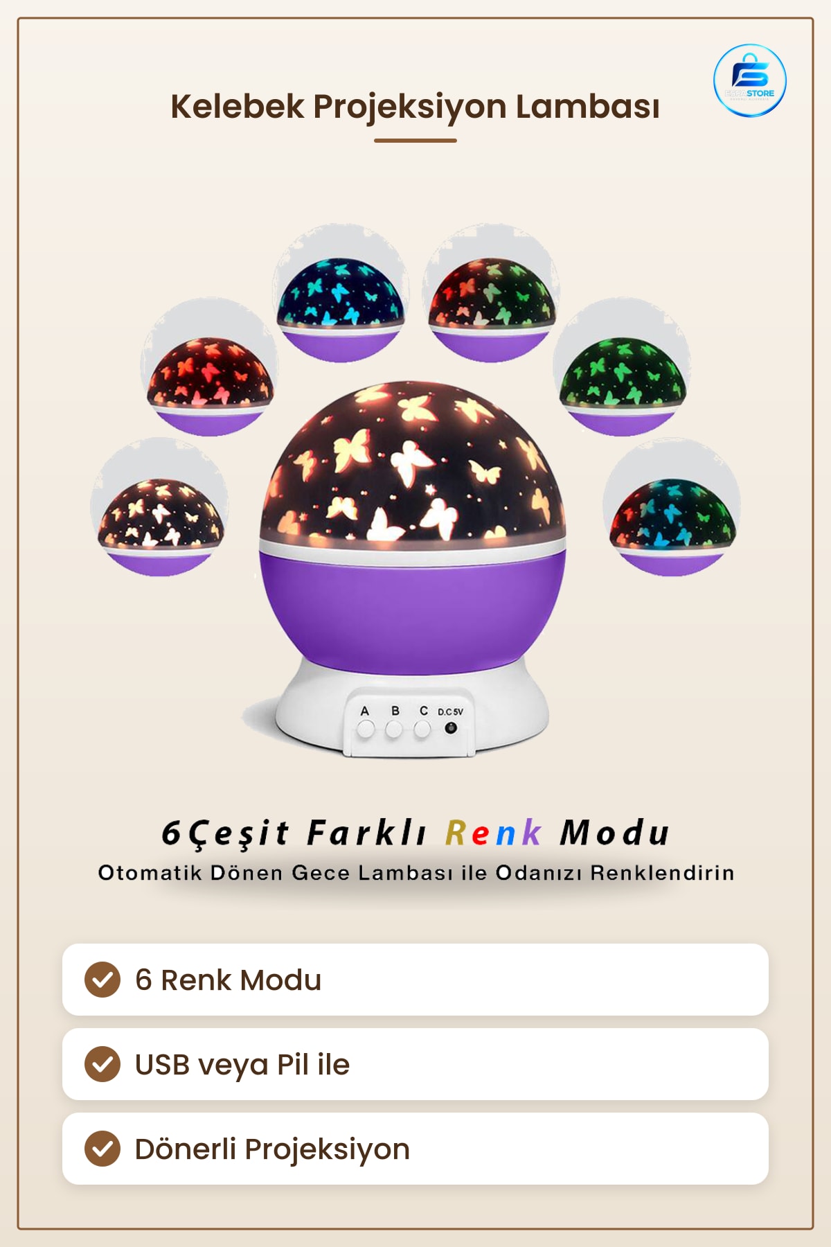 Dönerli Kelebek Projeksiyon Gece Lambası 6 Renk Modu USB ve Pil LED Işık DC 5V Çocuk Odası