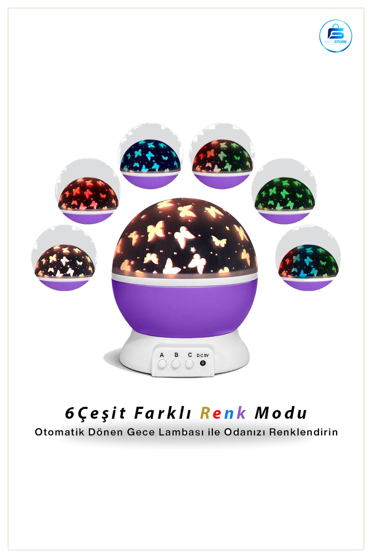 Dönerli Kelebek Projeksiyon Gece Lambası 6 Renk Modu USB ve Pil LED Işık DC 5V Çocuk Odası