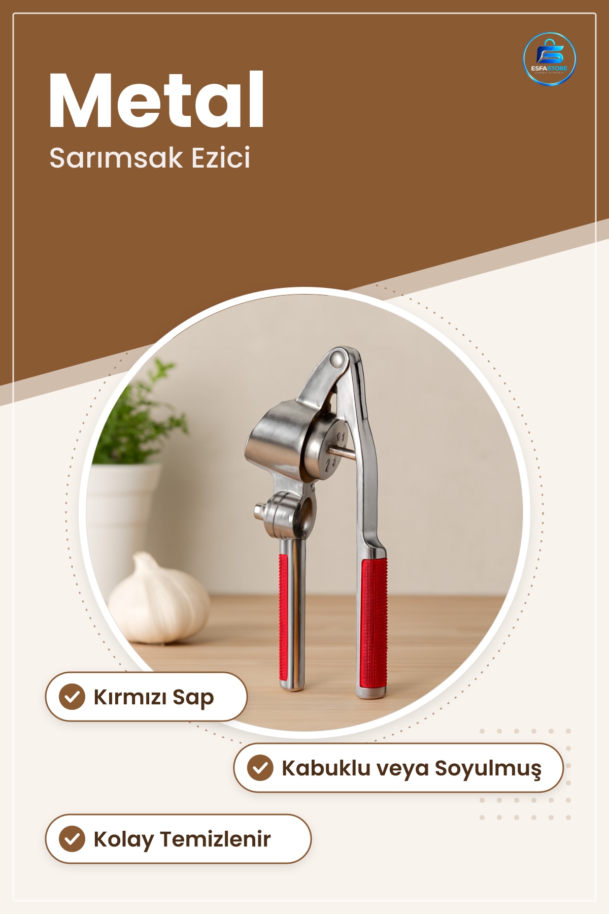 Sarımsak Ezici Metal Kırmızı Saplı Pratik Mutfak Aracı Hızlı Ezme Hijyenik Kullanım Kolay Temizlik