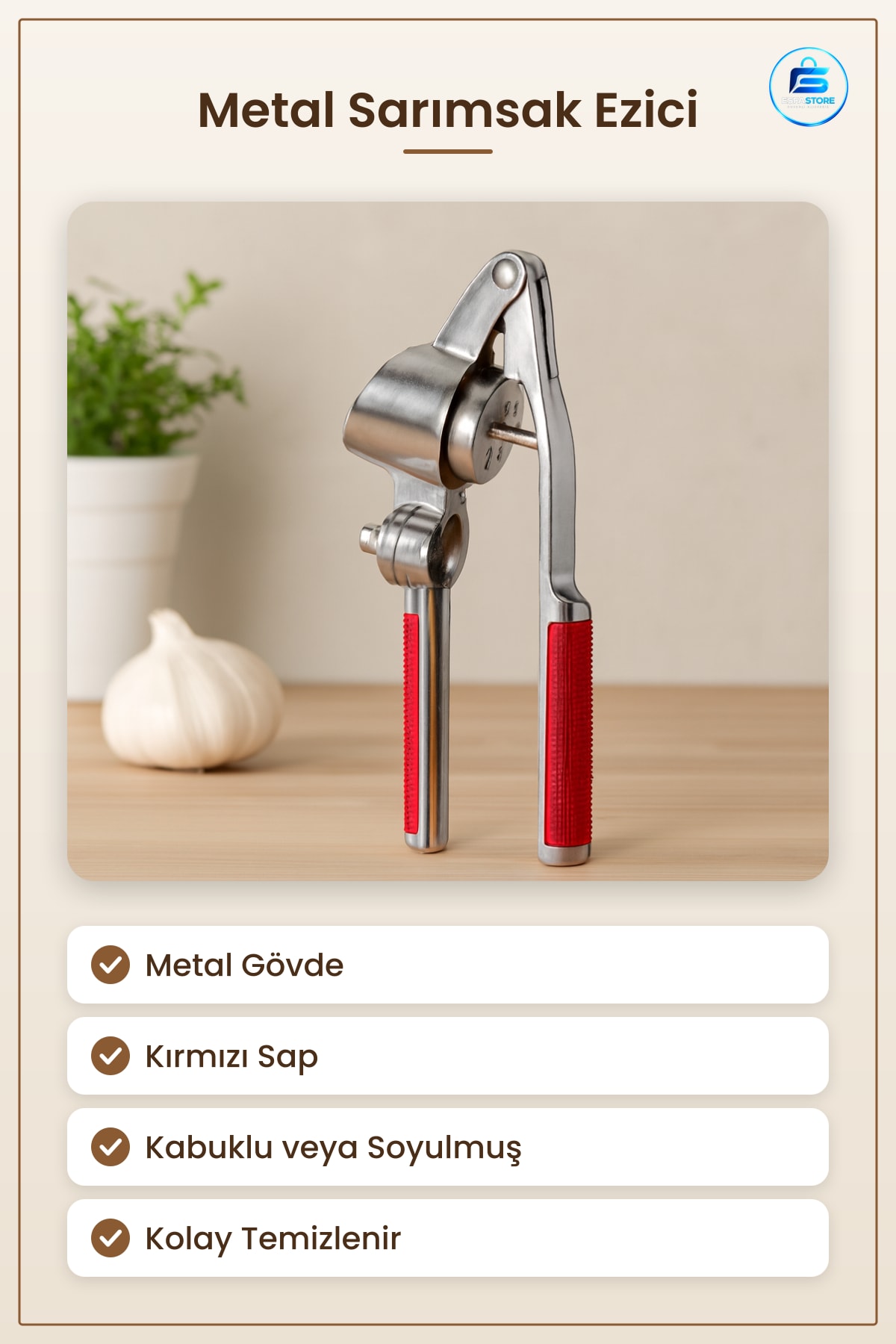 Sarımsak Ezici Metal Kırmızı Saplı Pratik Mutfak Aracı Hızlı Ezme Hijyenik Kullanım Kolay Temizlik