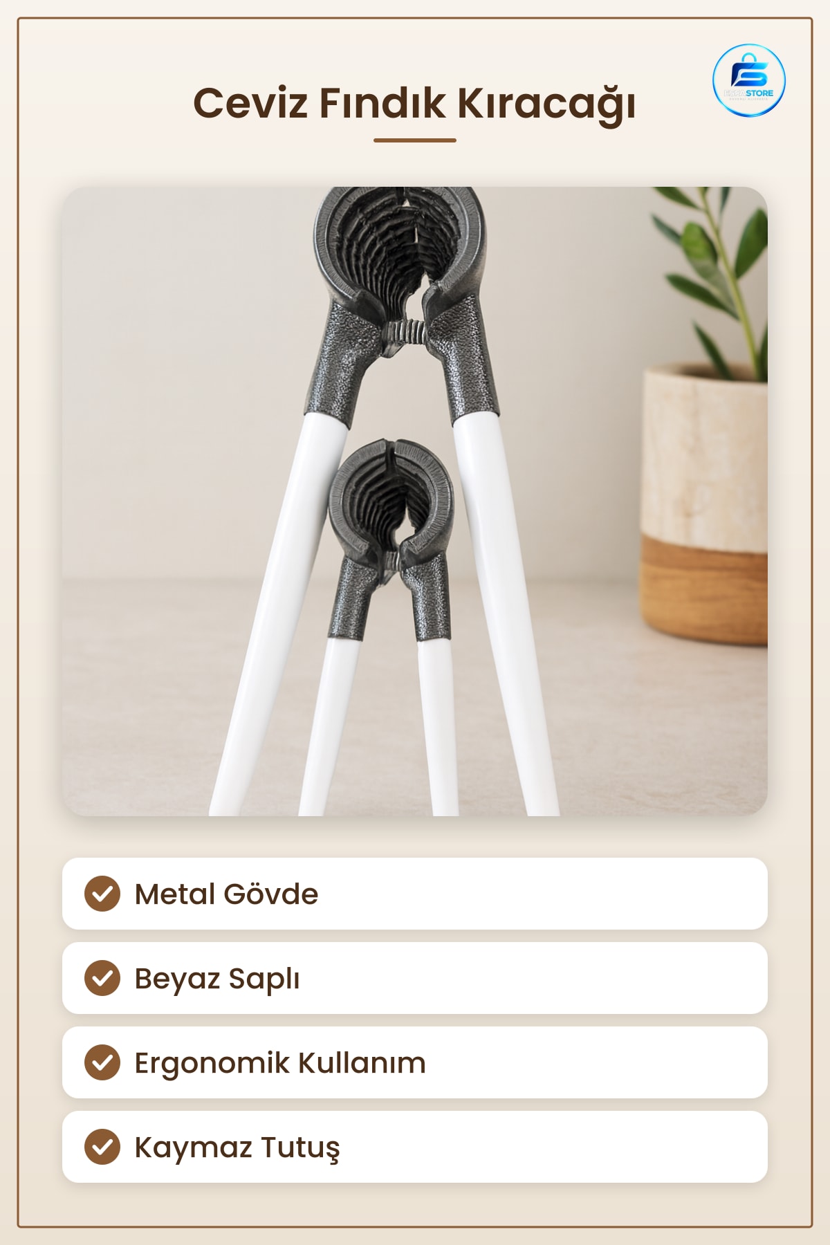 Ceviz ve Fındık Kıracağı Metal Beyaz Saplı Sert Kabuklu Yemiş Kırıcı Ergonomik Mutfak Aleti