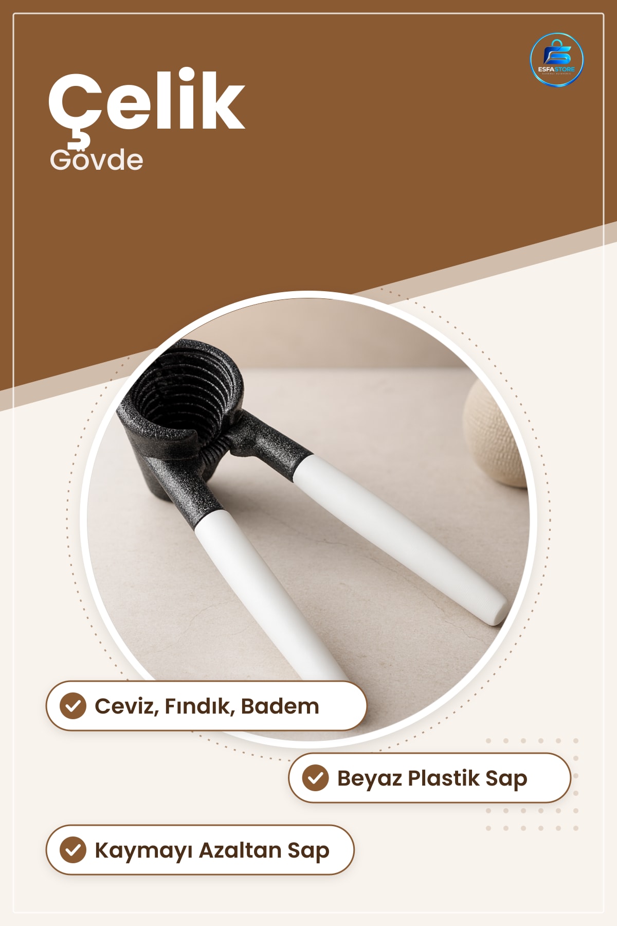 Ceviz Kıracağı Beyaz Saplı Çelik Gövde Dayanıklı Fındık Badem Kırma Mutfak Yemiş Kırıcı