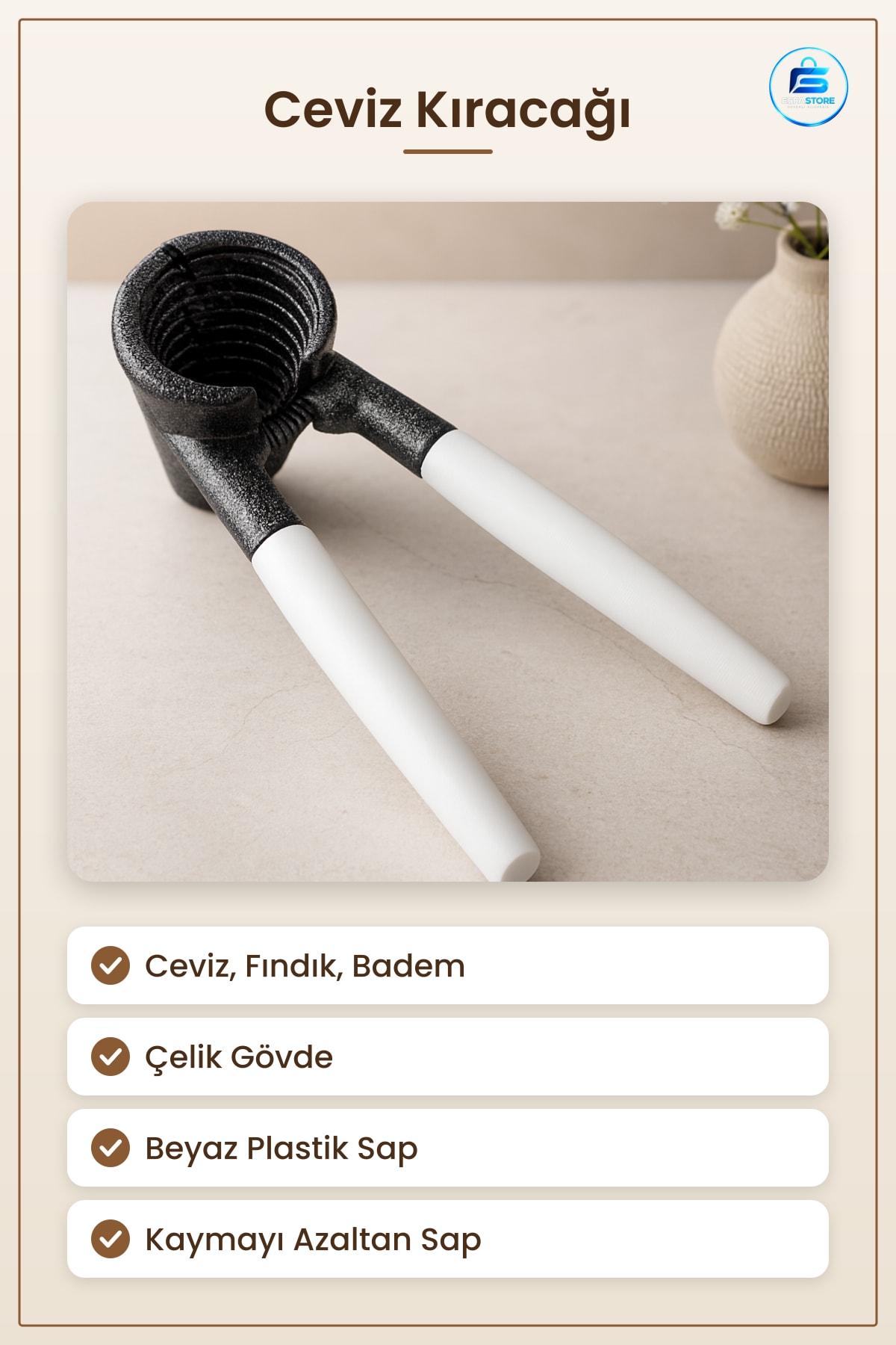 Ceviz Kıracağı Beyaz Saplı Çelik Gövde Dayanıklı Fındık Badem Kırma Mutfak Yemiş Kırıcı