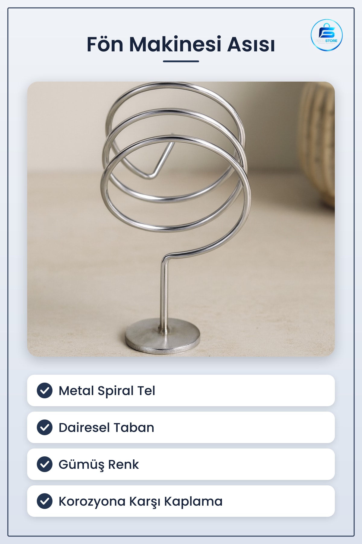 Fön Makinesi Askısı Banyo Düzenleyici Metal Spiral Tel Tezgah Üstü Saklama Gümüş Kuaför Çok Amaçlı
