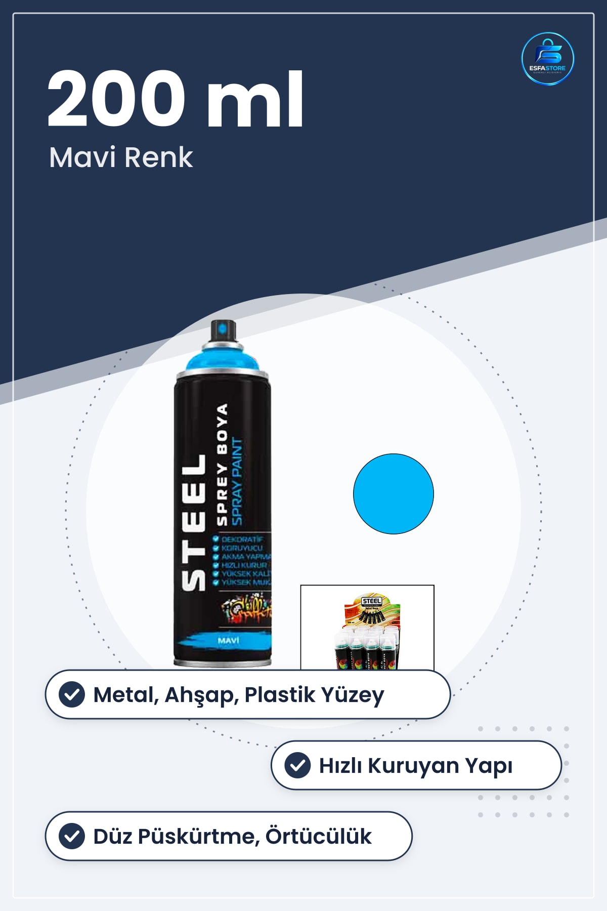 Steel Mavi Sprey Boya 200 ML Metal Ahşap Plastik Yüzeyler İçin Dekoratif Onarım Hızlı Kuruyan