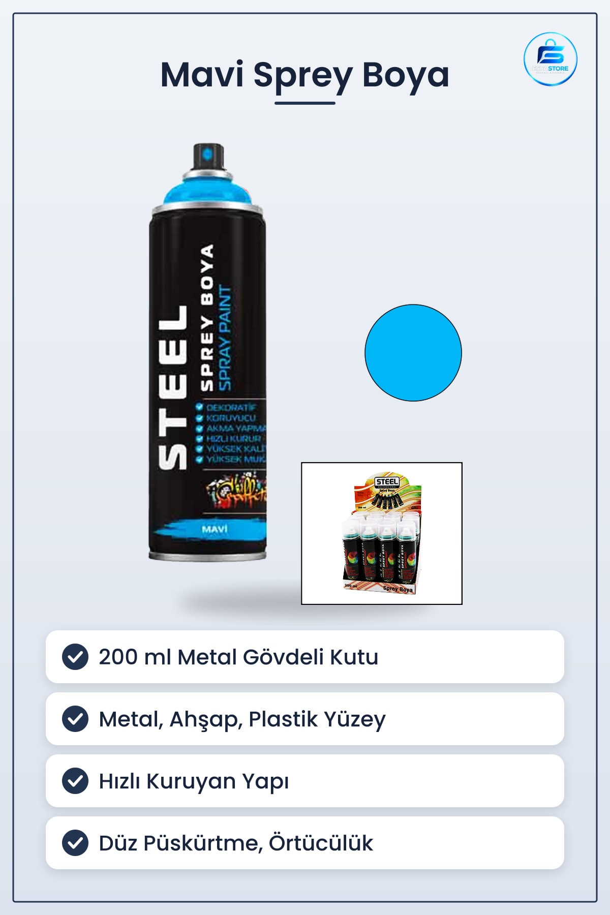 Steel Mavi Sprey Boya 200 ML Metal Ahşap Plastik Yüzeyler İçin Dekoratif Onarım Hızlı Kuruyan
