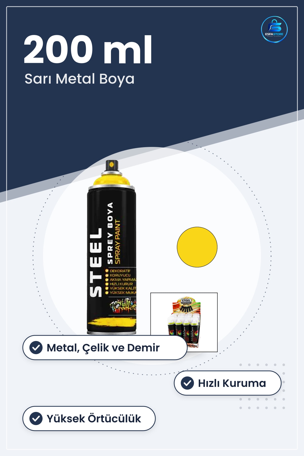 Sprey Boya Sarı Metal Yüzeyler İçin 200 ml Hızlı Kuruma Yüksek Örtücülük Dayanıklı Hırdavat