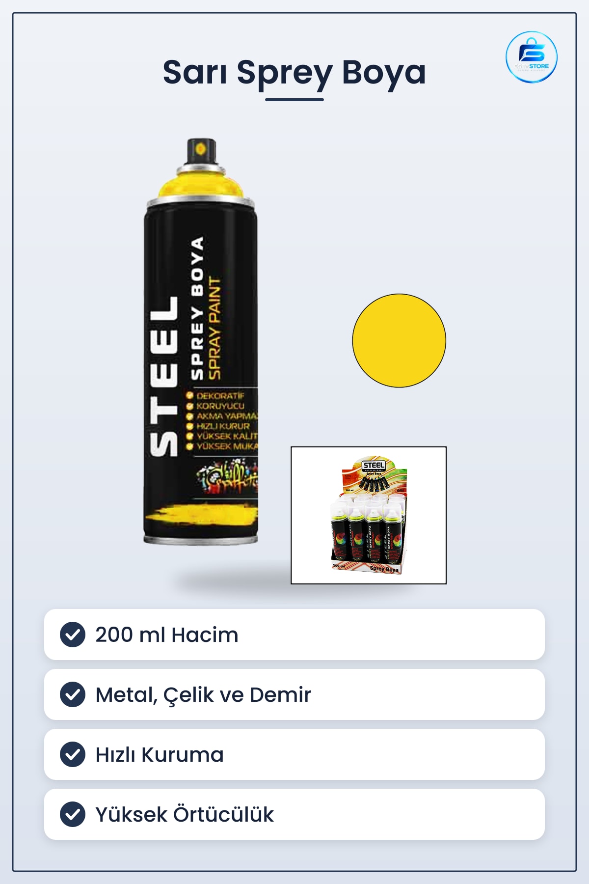 Sprey Boya Sarı Metal Yüzeyler İçin 200 ml Hızlı Kuruma Yüksek Örtücülük Dayanıklı Hırdavat
