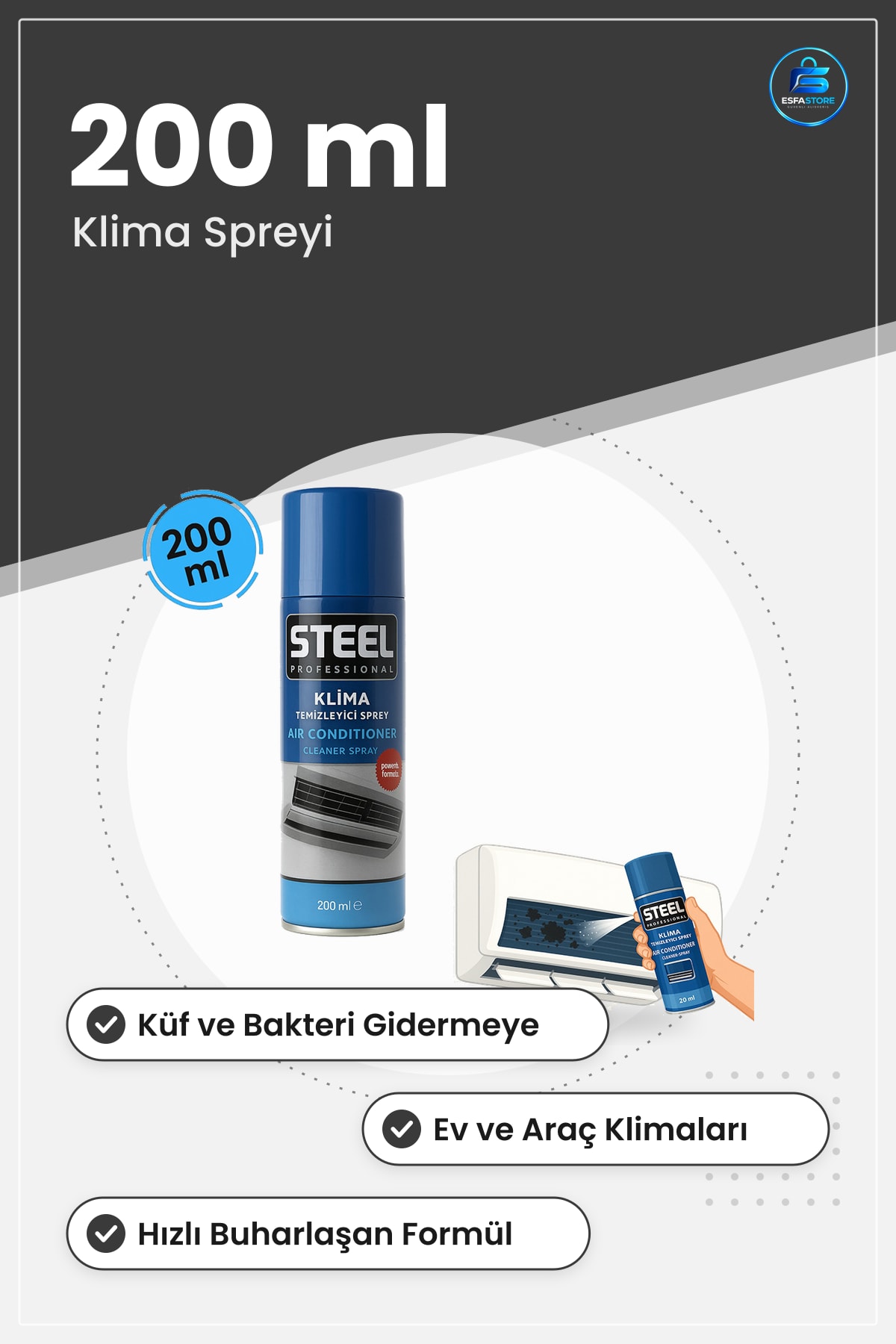 Klima Temizleyici 200 ml Sprey Araç Ev Klimaları İçin Küf Bakteri Koku Giderici Hızlı Etki
