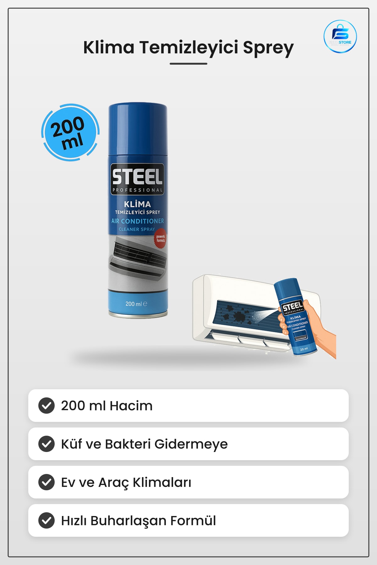 Klima Temizleyici 200 ml Sprey Araç Ev Klimaları İçin Küf Bakteri Koku Giderici Hızlı Etki