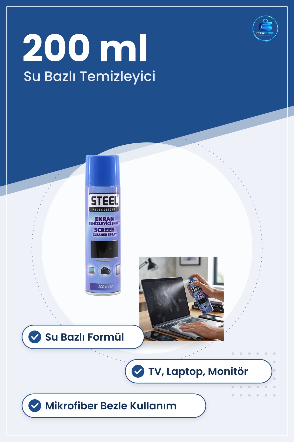 Ekran Temizleme Spreyi 200 ml TV Laptop Monitör İçin Su Bazlı Çizik Bırakmayan Temizleyici
