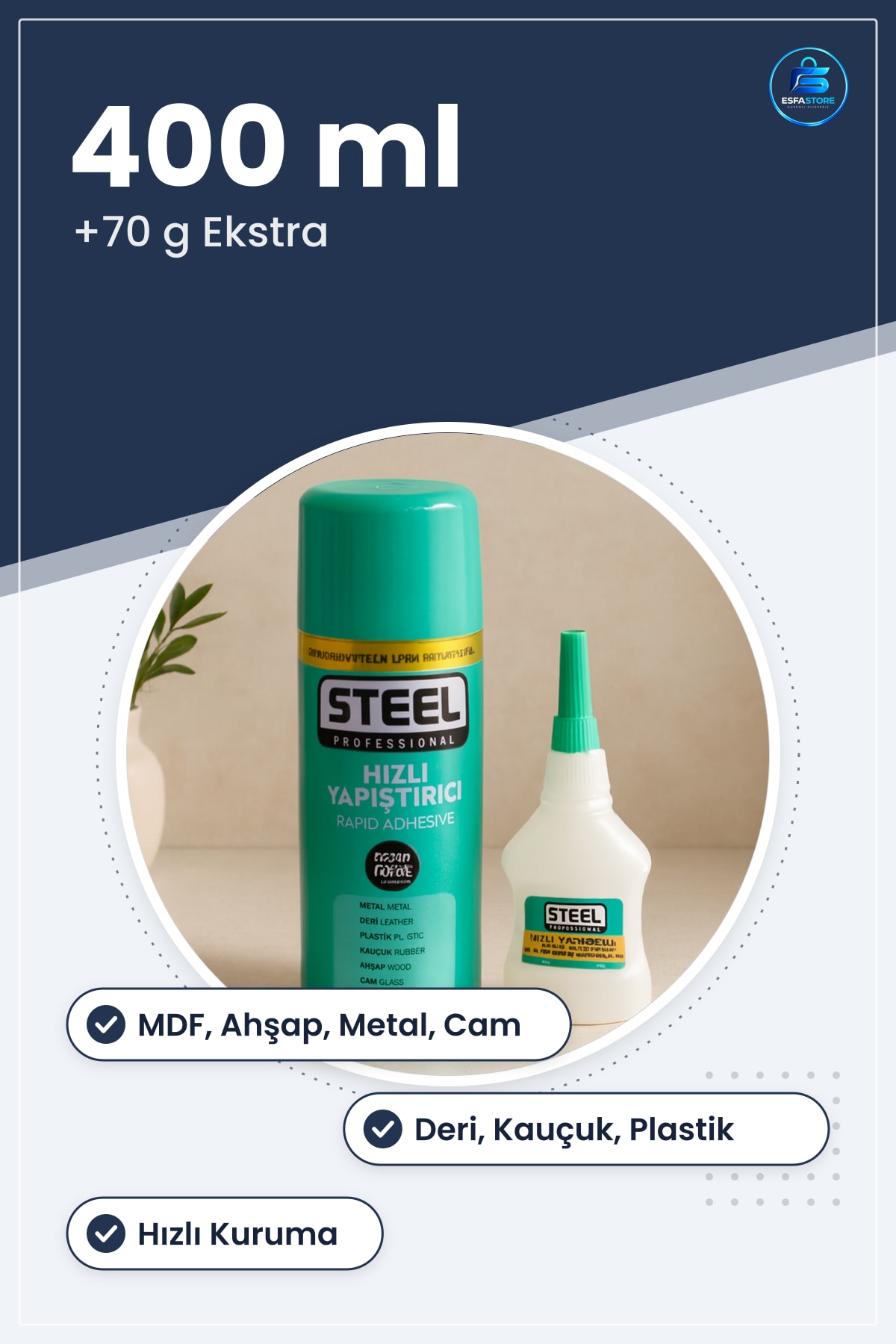 Yapıştırıcı Hızlı Çok Yüzeyli 400ml + 70g Onarım MDF Ahşap Metal Deri Kauçuk Plastik Cam